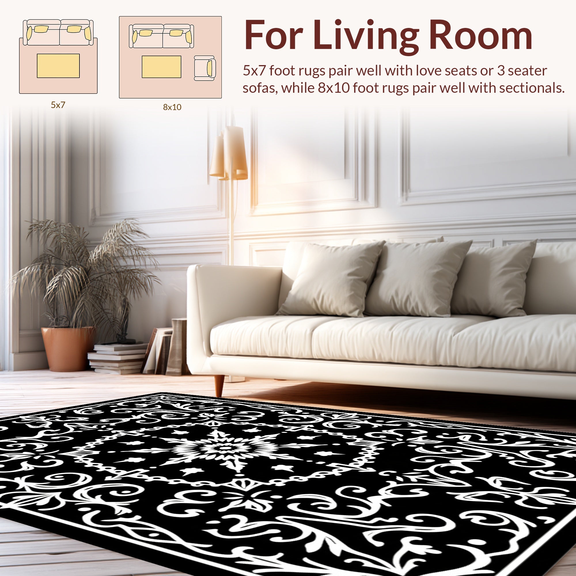 Elegant Vintage Monochrome Scroll Pattern Rug