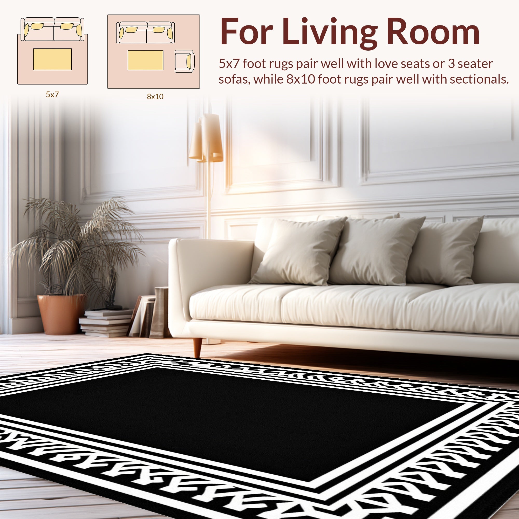 Bold Black White Geometric Border Rug