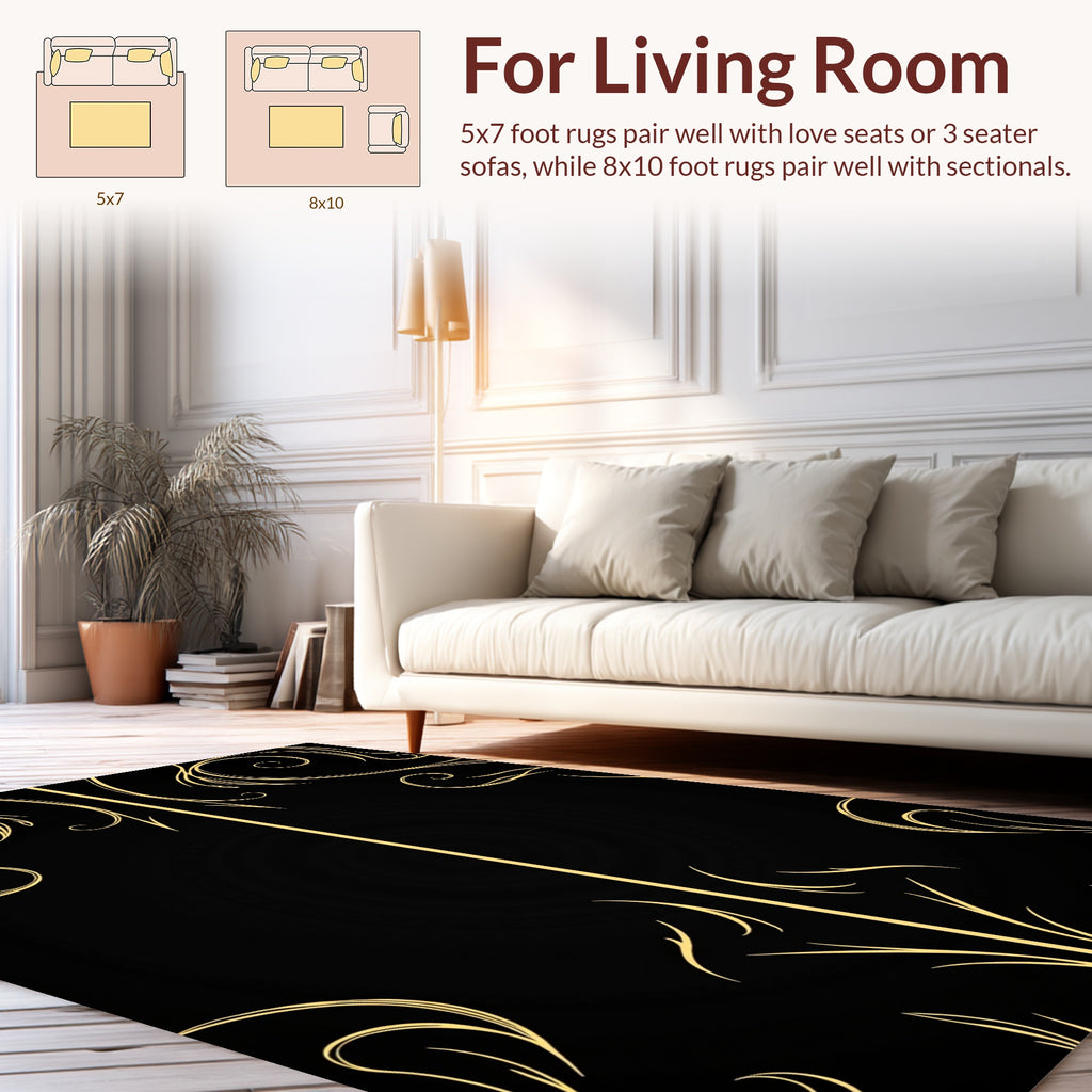 Golden Swirls on Black Background Rug