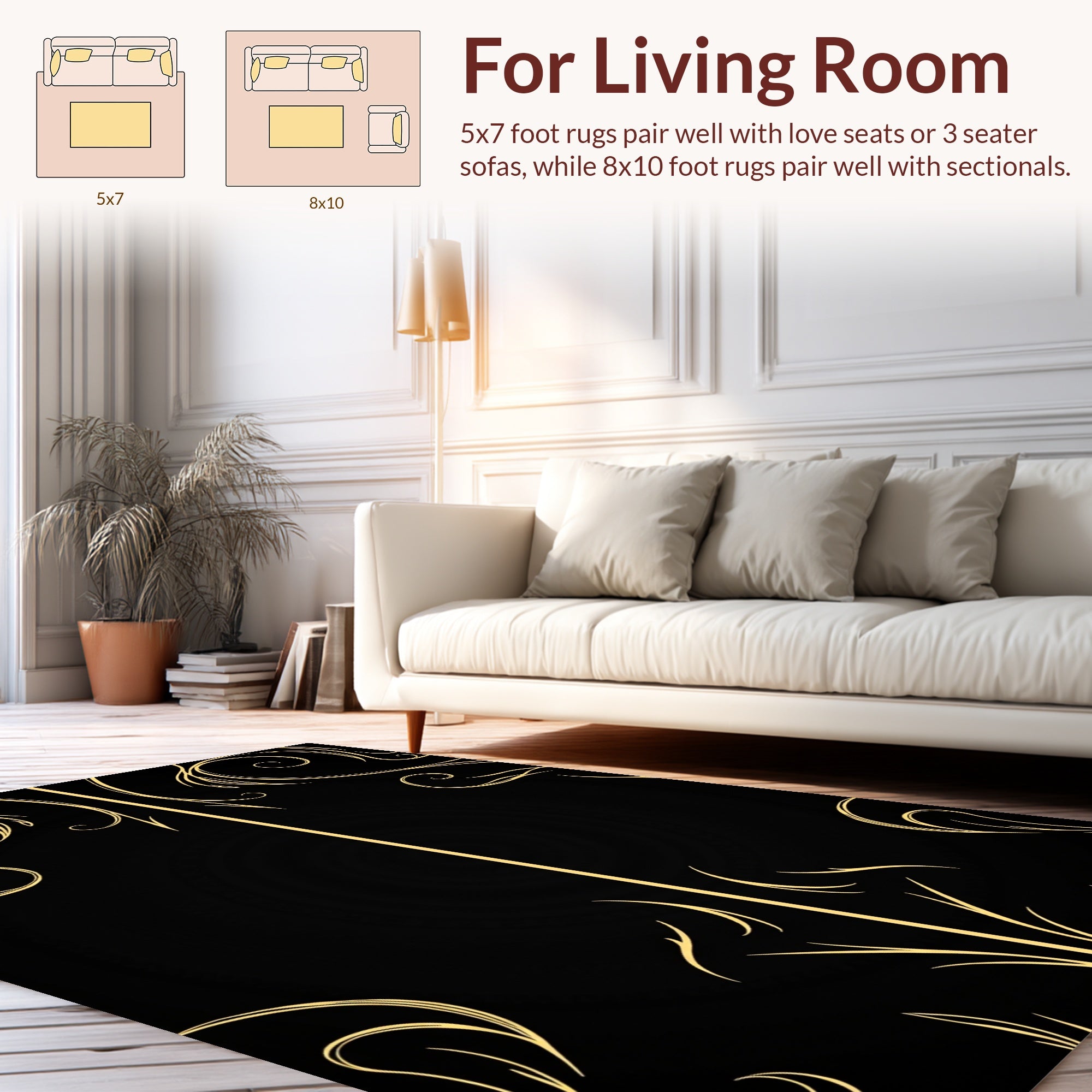 Golden Swirls on Black Background Rug