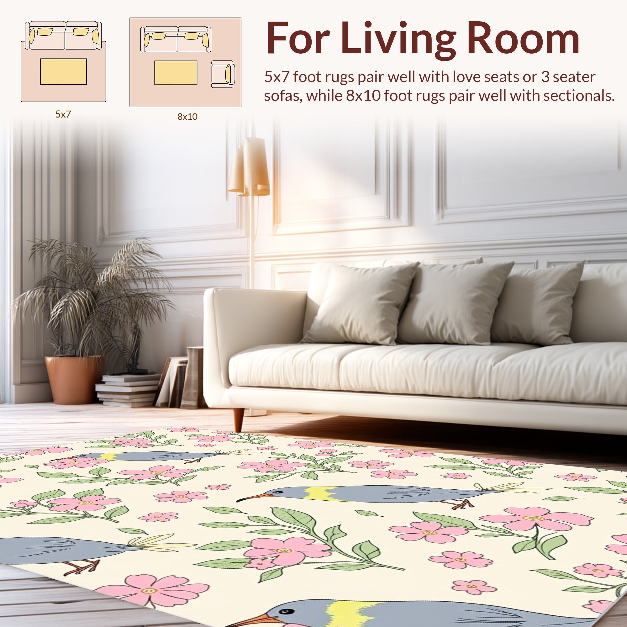 Chirping Birds and Pink Flower Pattern Rug