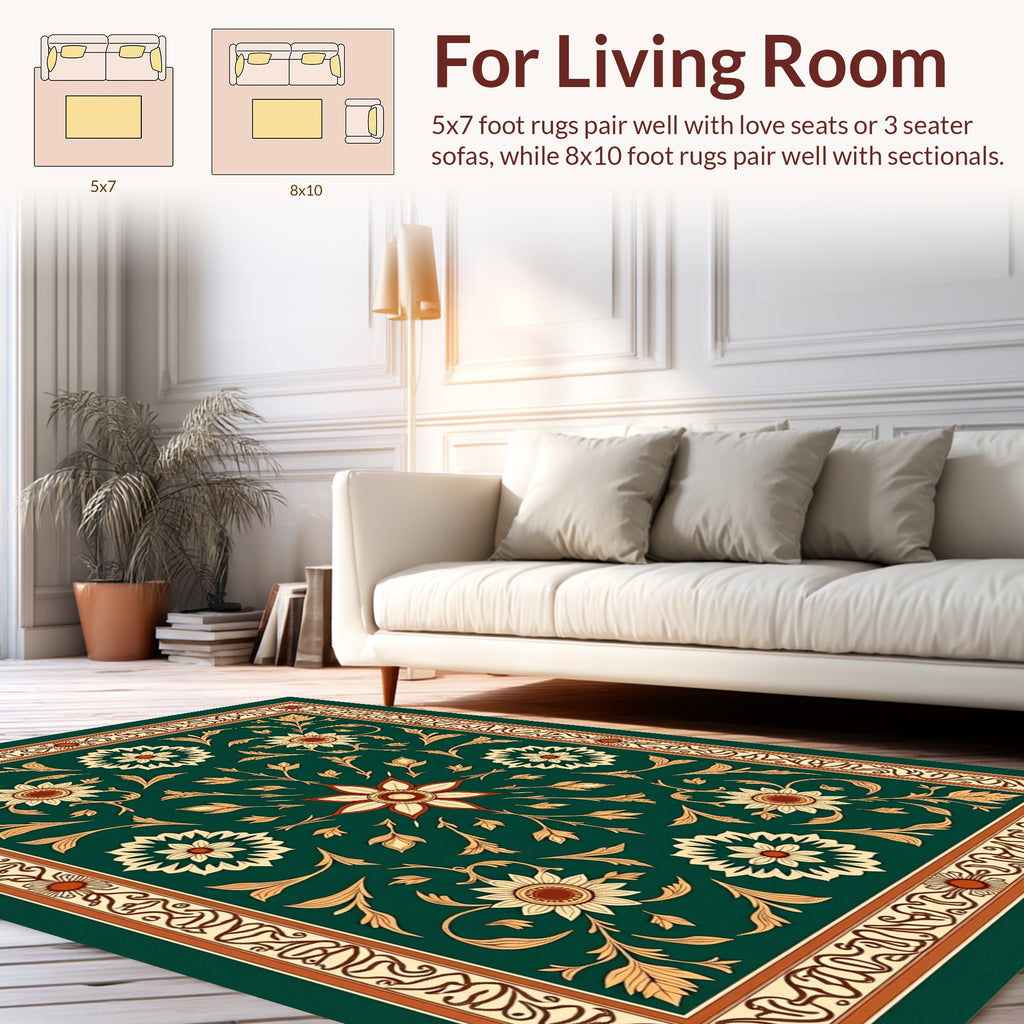 Emerald Green Floral Medallion Border Rug