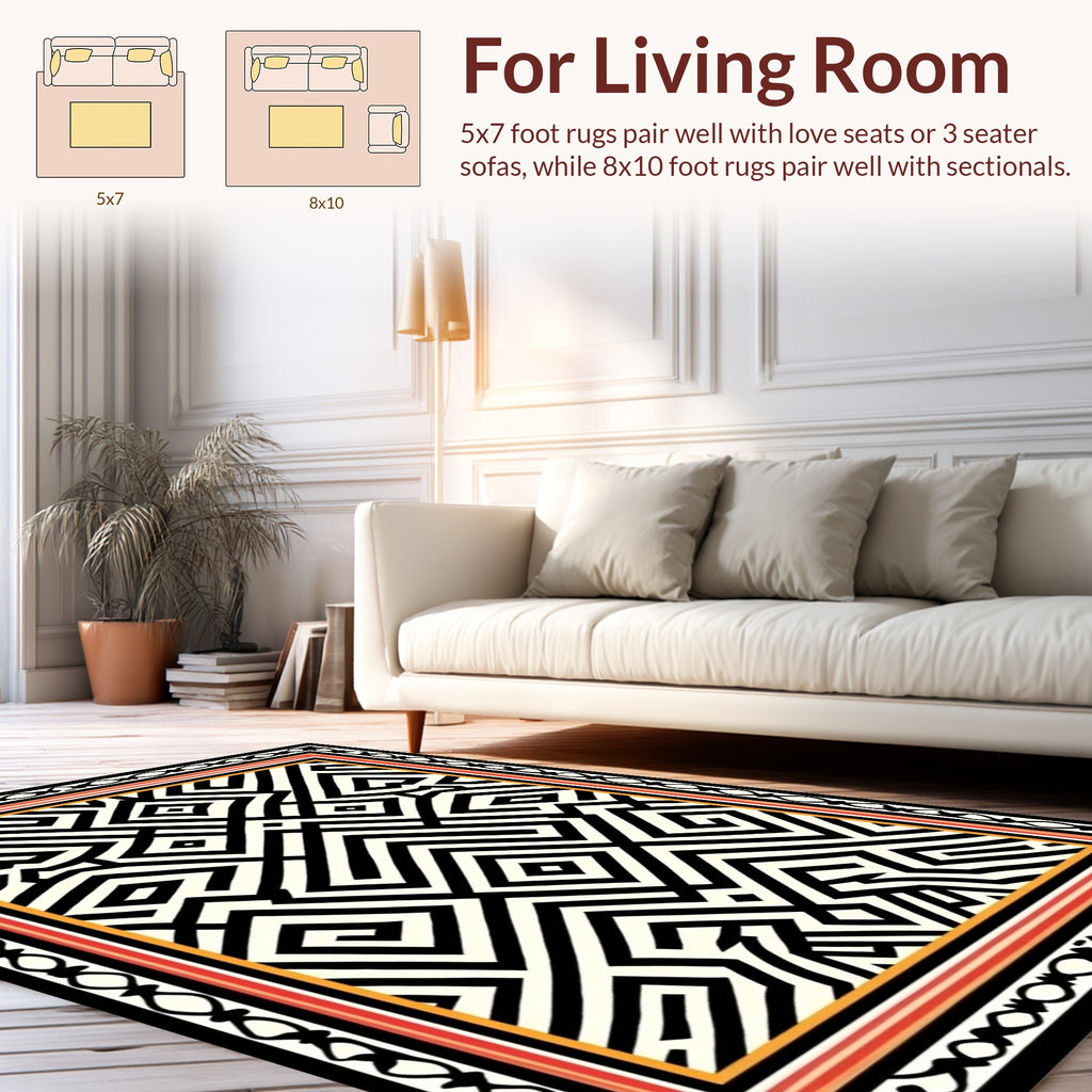 Bold Black White Geometric Maze Pattern Rug
