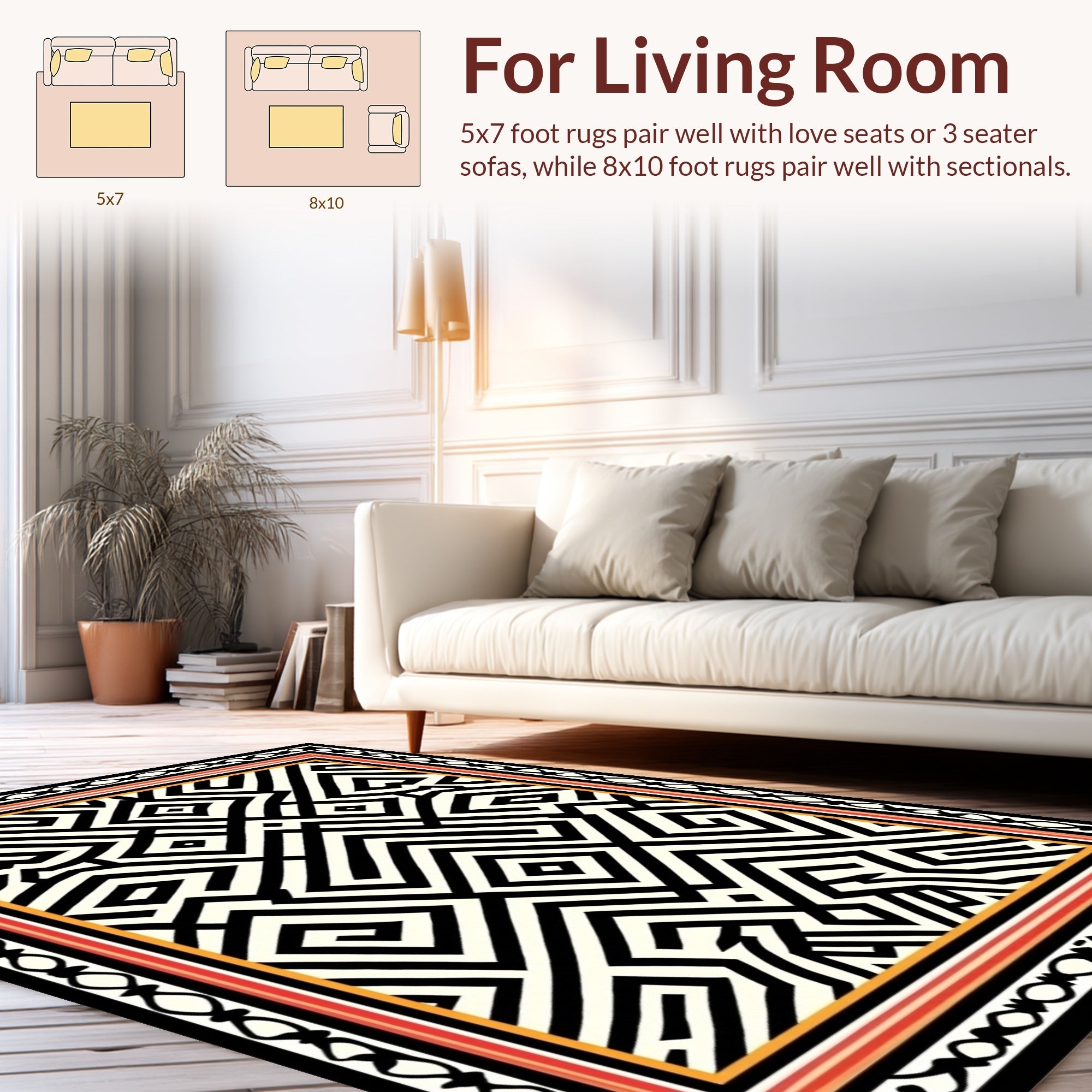 Bold Black White Geometric Maze Pattern Rug