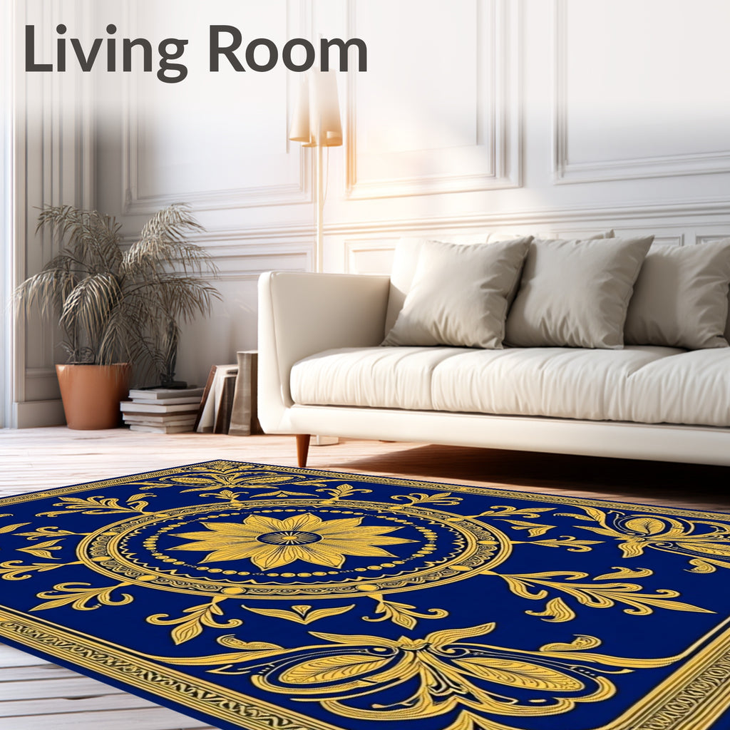 Royal Blue Golden Floral Medallion Rug