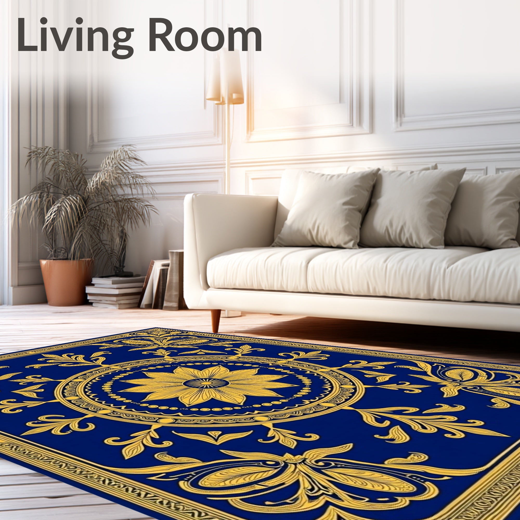 Royal Blue Golden Floral Medallion Rug