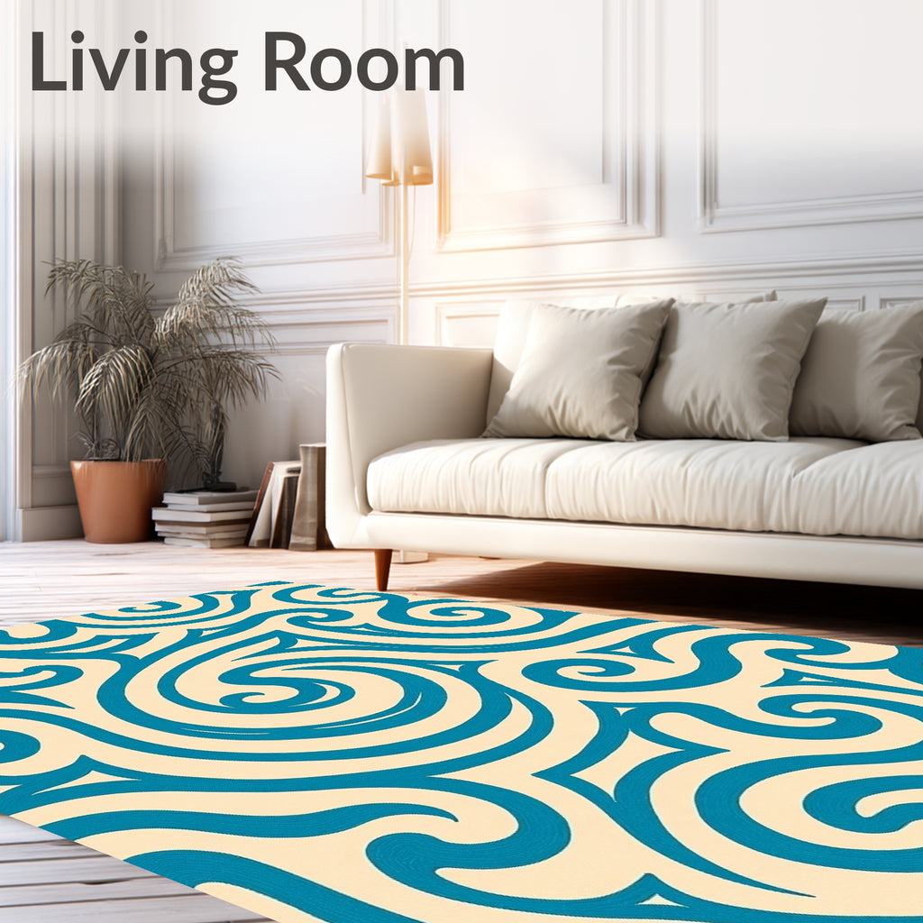Cream and Teal Swirling Curves Rug