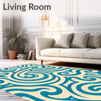 Cream and Teal Swirling Curves Rug