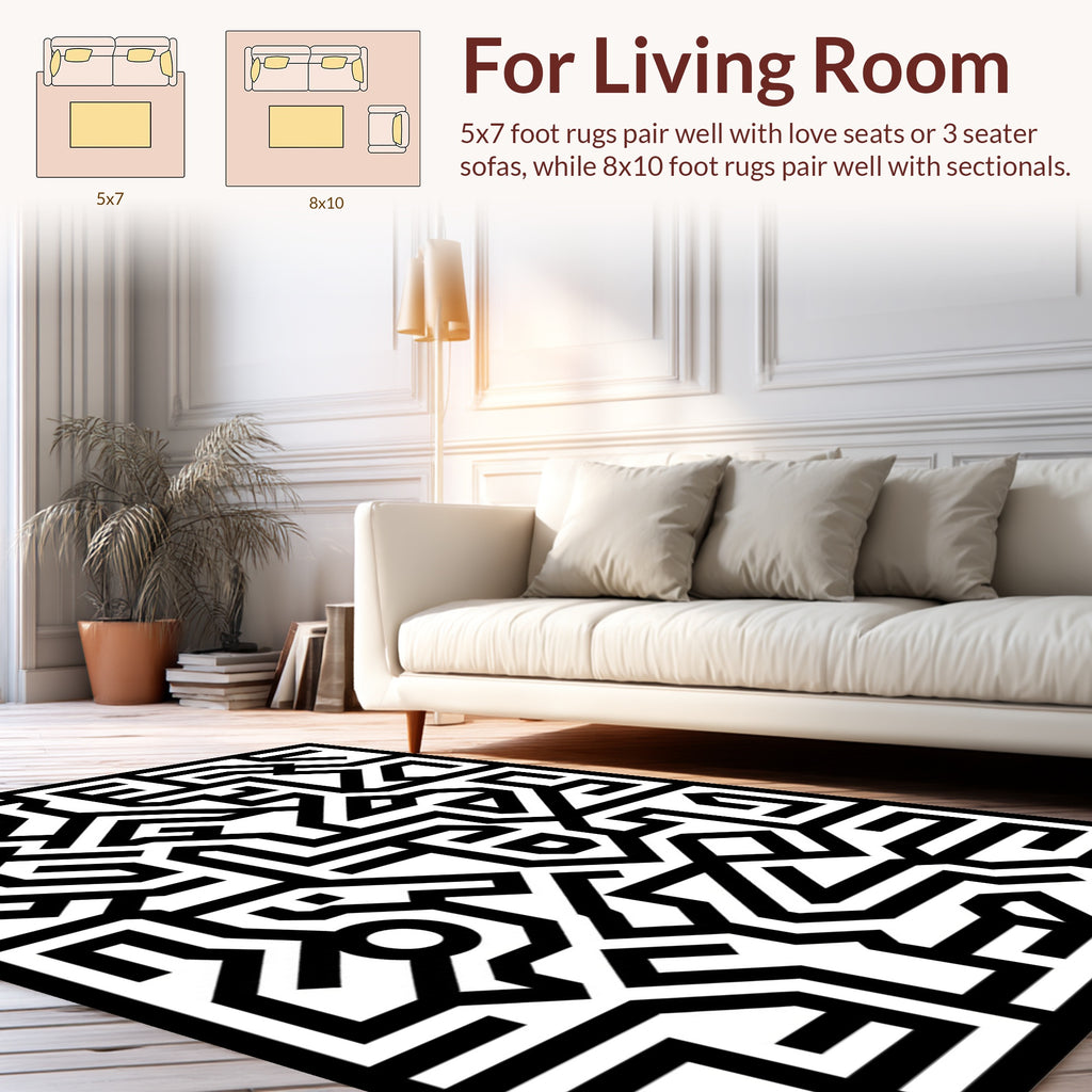 Black White Abstract Geometric Maze Pattern Rug