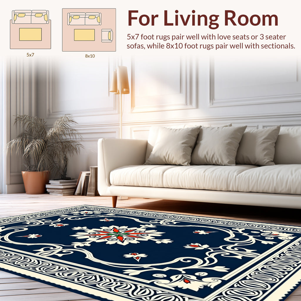 Elegant Navy Floral Motif Rug
