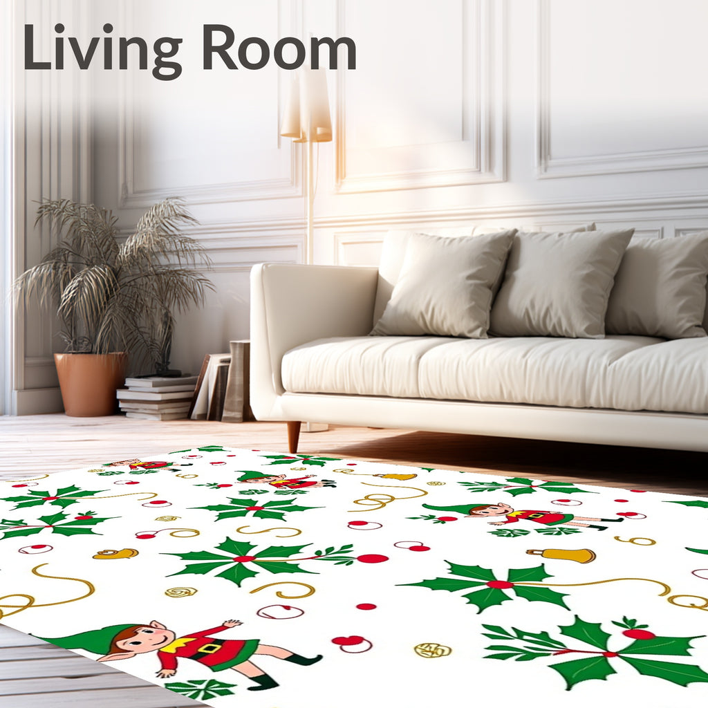 Joyful Elves Holly Berries Bells Christmas Rug