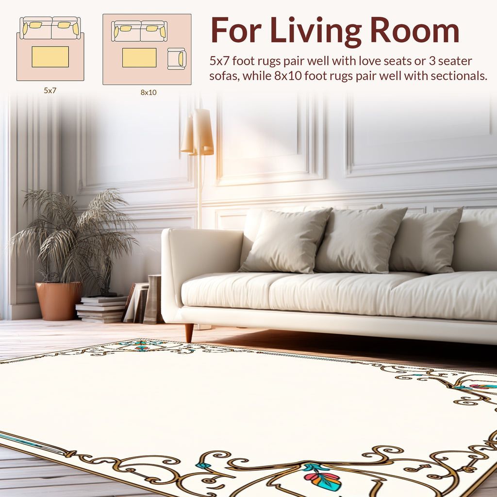 Ornate Golden Teal Floral Frame Rug