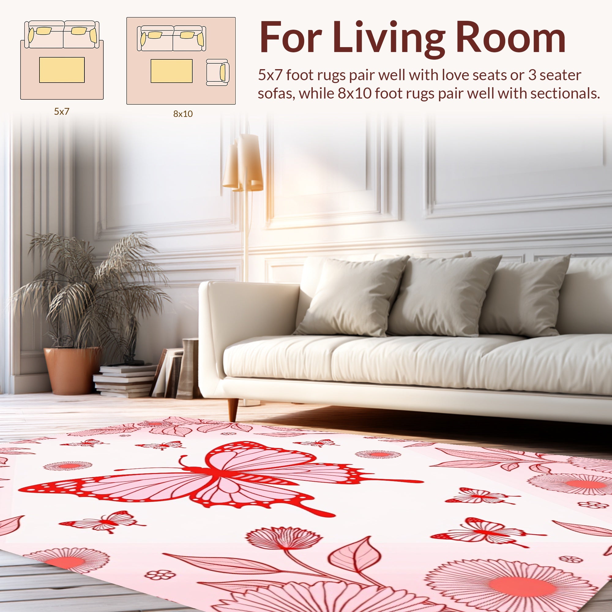Red Butterfly and Floral Petal Pattern Rug