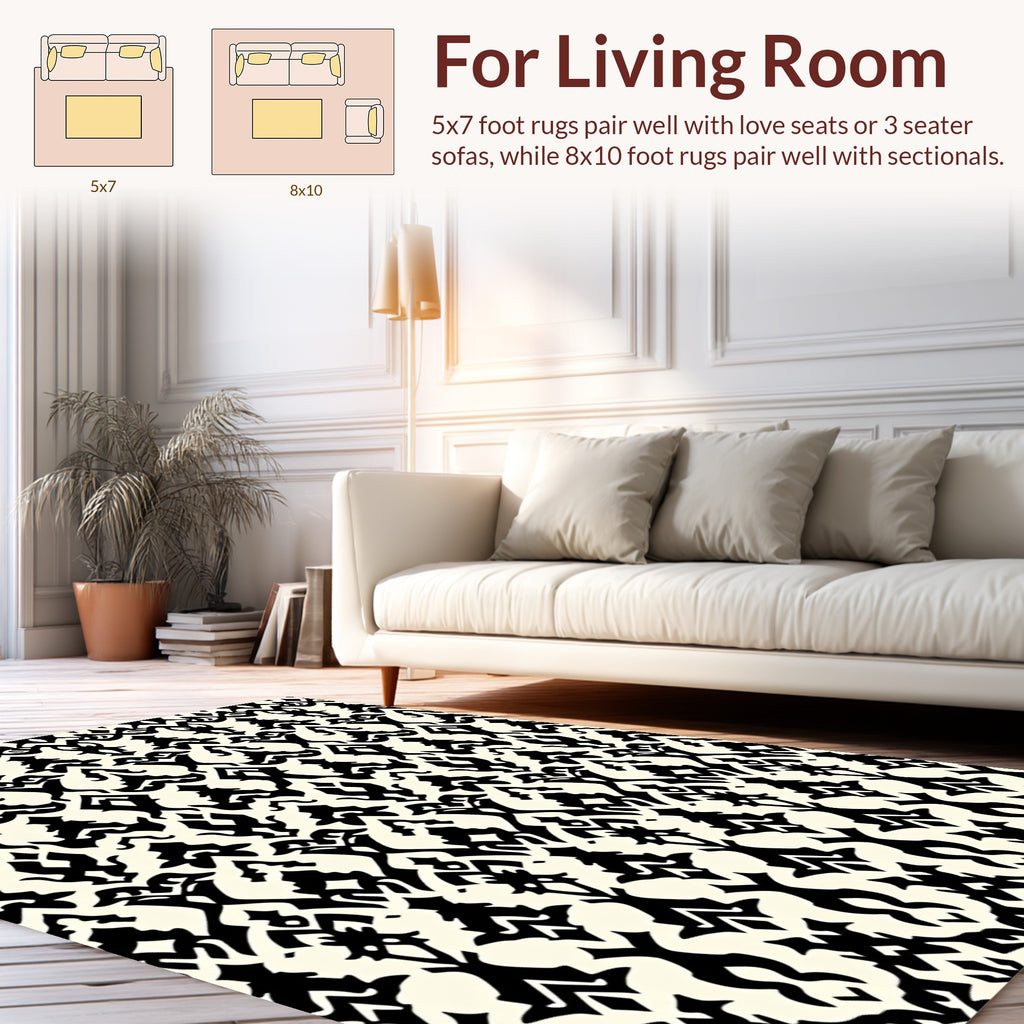 Elegant Black Ivory Damask Pattern Rug