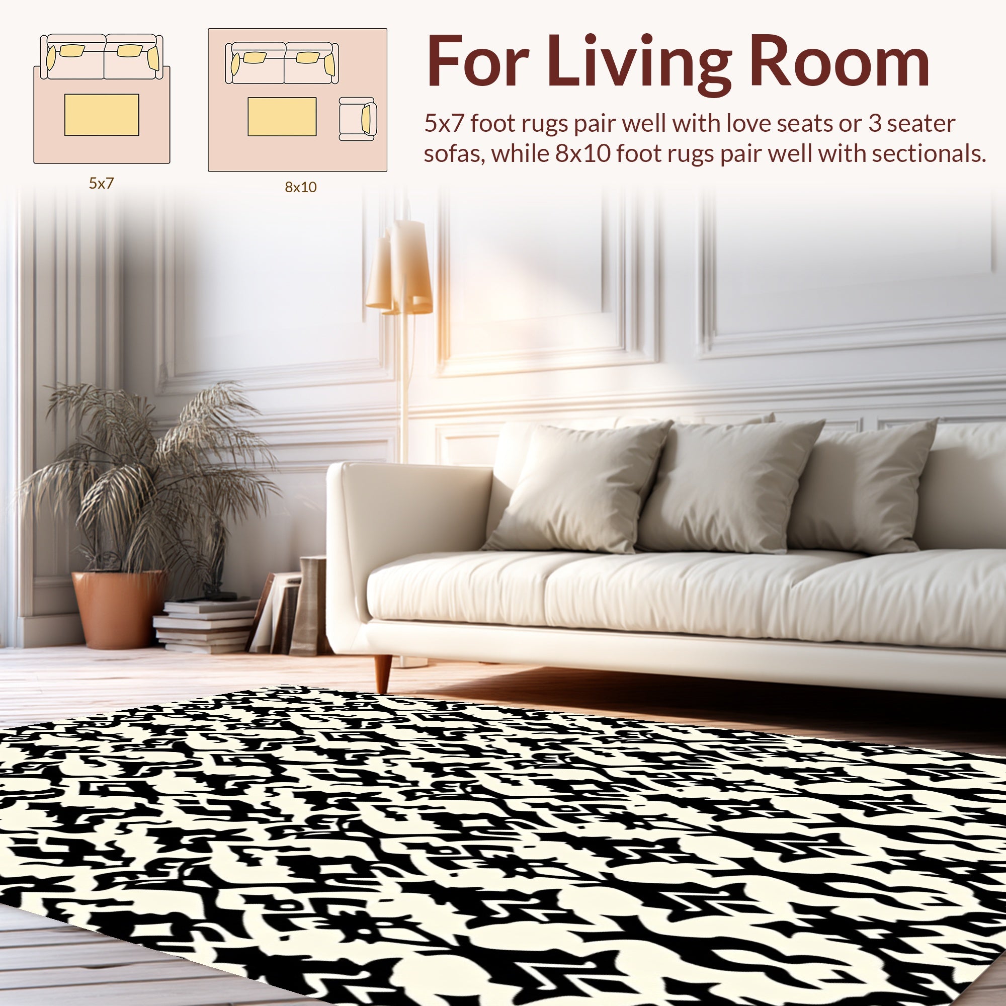 Elegant Black Ivory Damask Pattern Rug