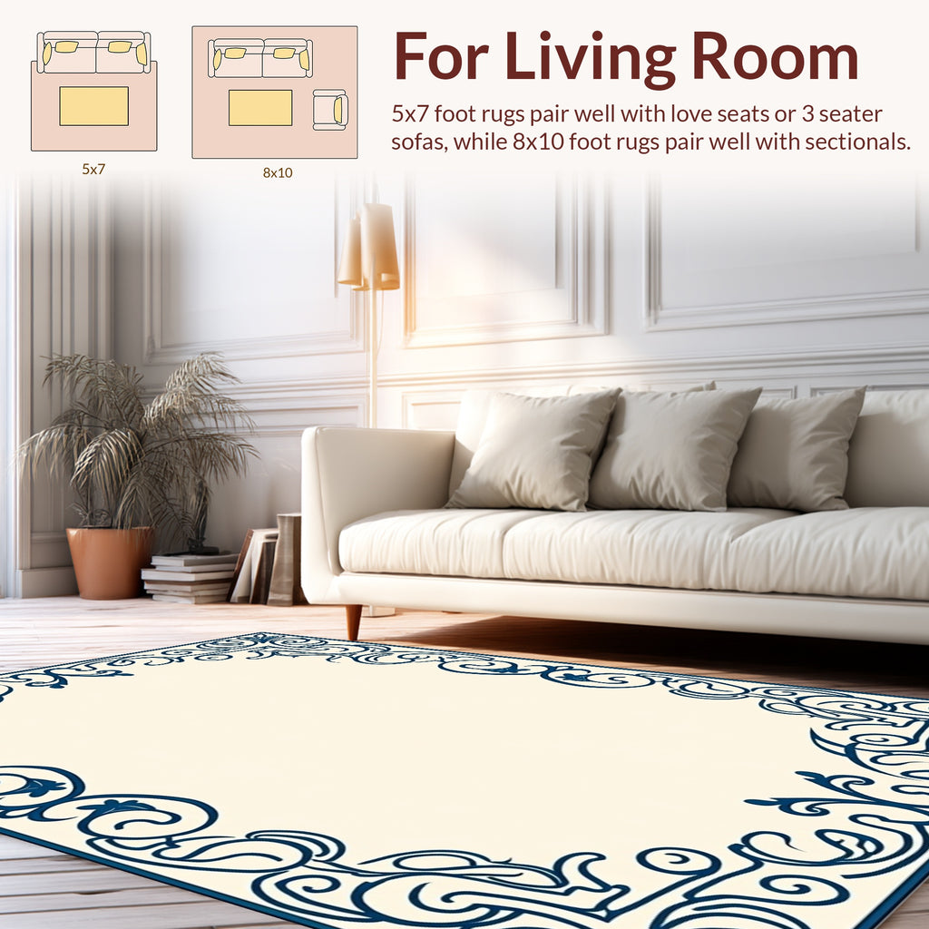 Intricate Dark Blue Scrollwork Border Design Rug