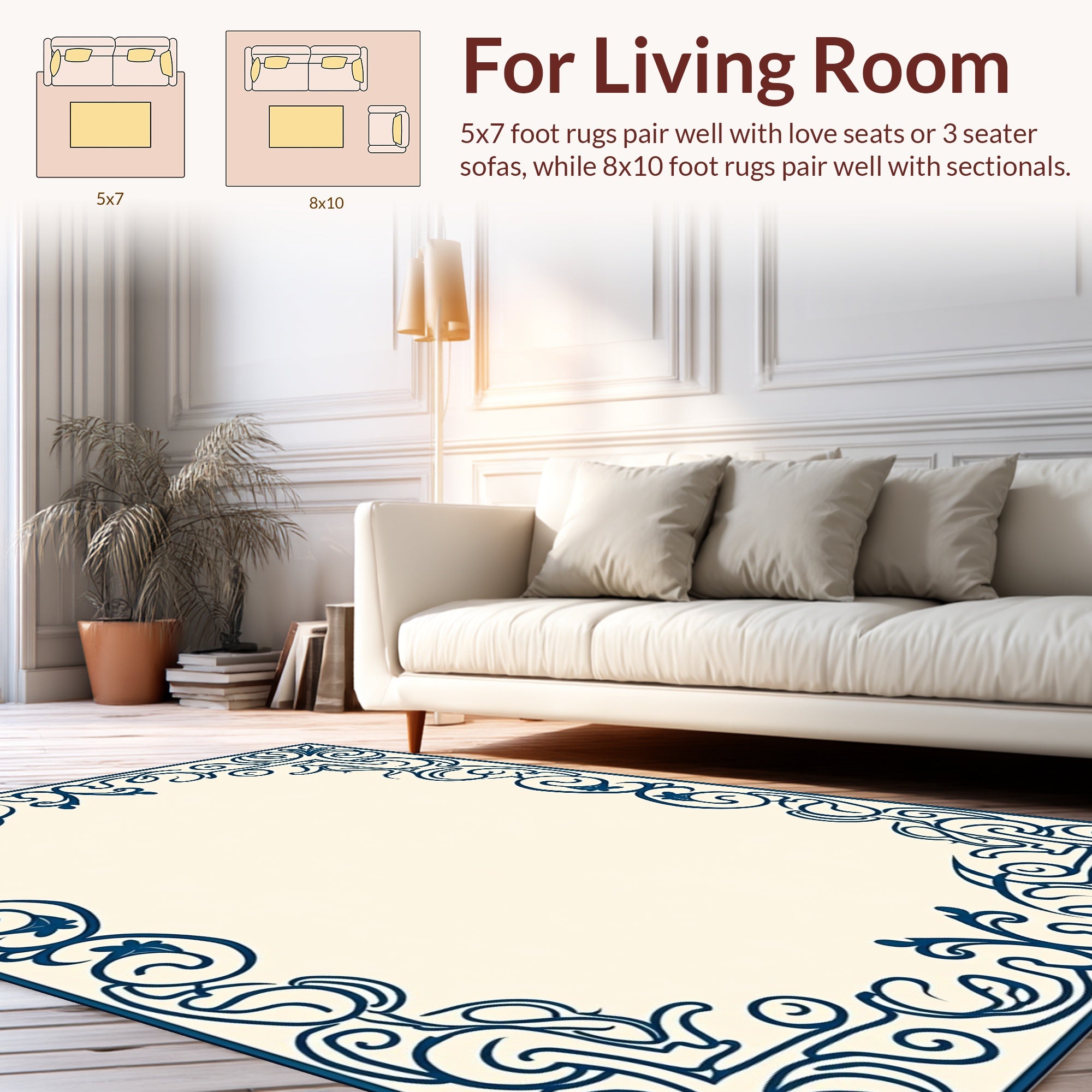 Intricate Dark Blue Scrollwork Border Design Rug