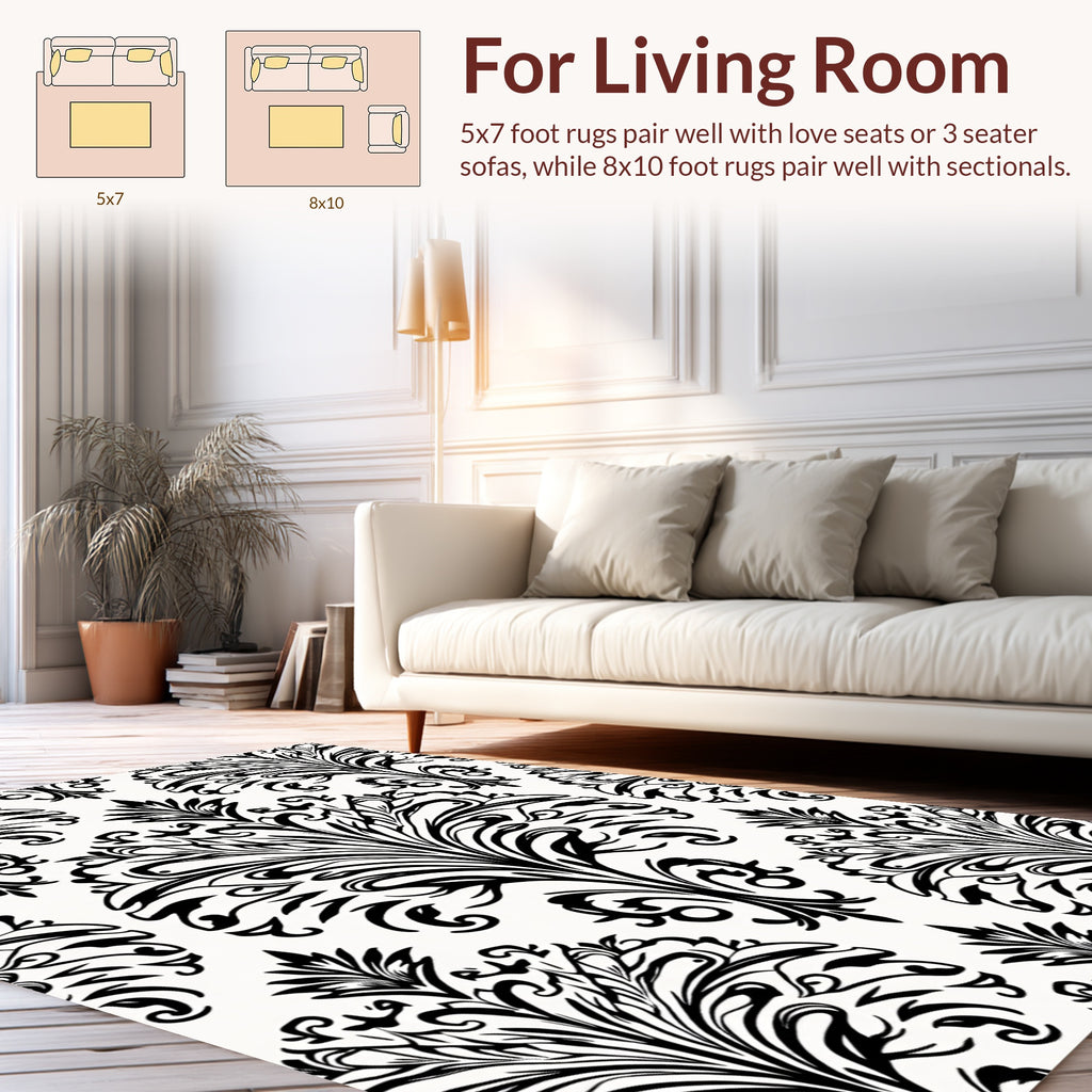 Classic Black White Damask Scroll Pattern Rug