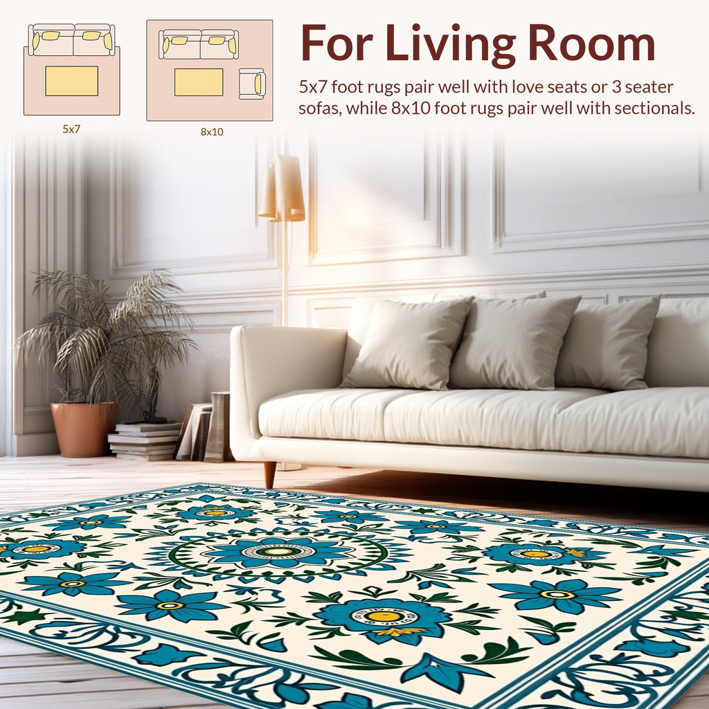 Turquoise Floral Medallion Border Rug