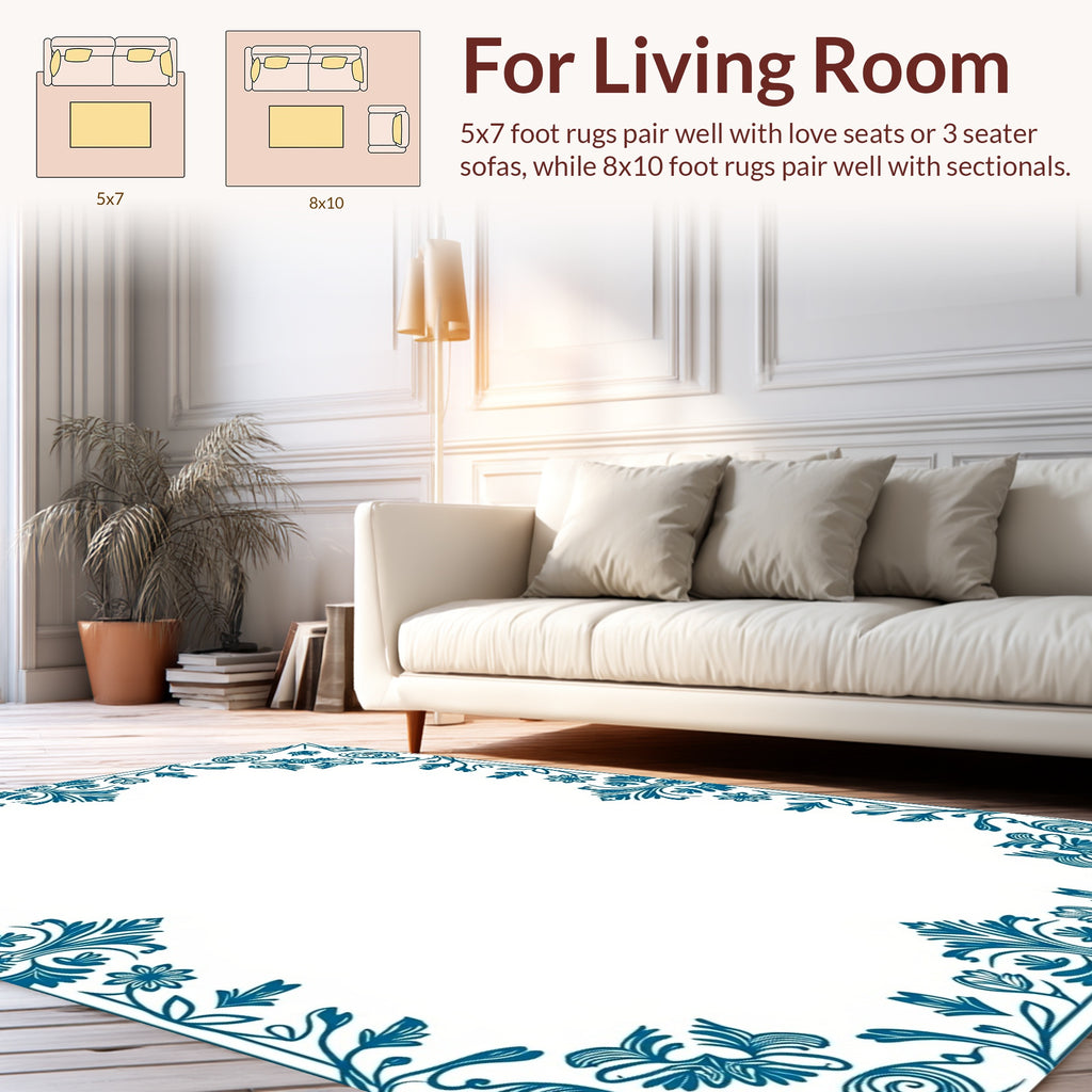 Classic Teal Floral Swirl Border Rug