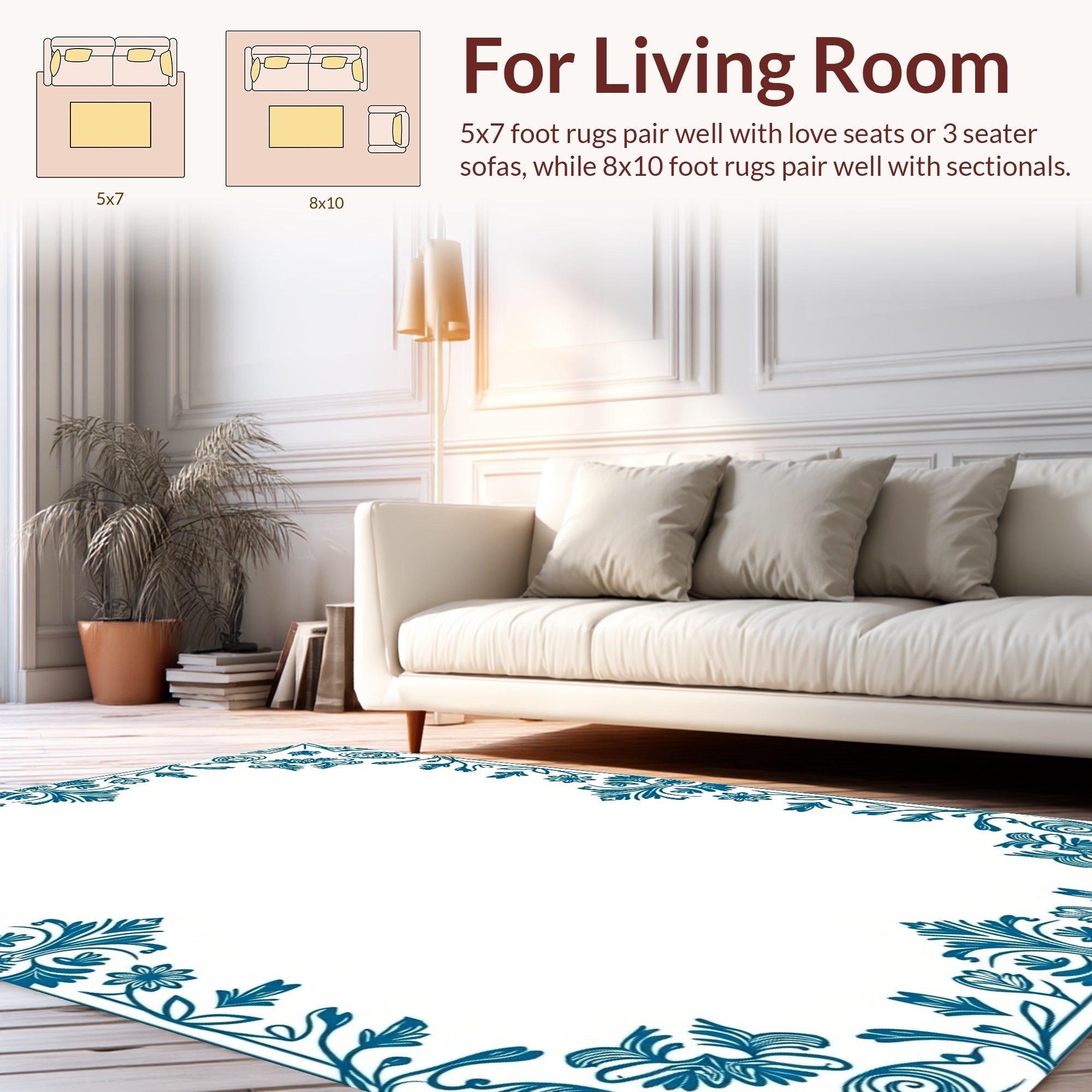 Classic Teal Floral Swirl Border Rug