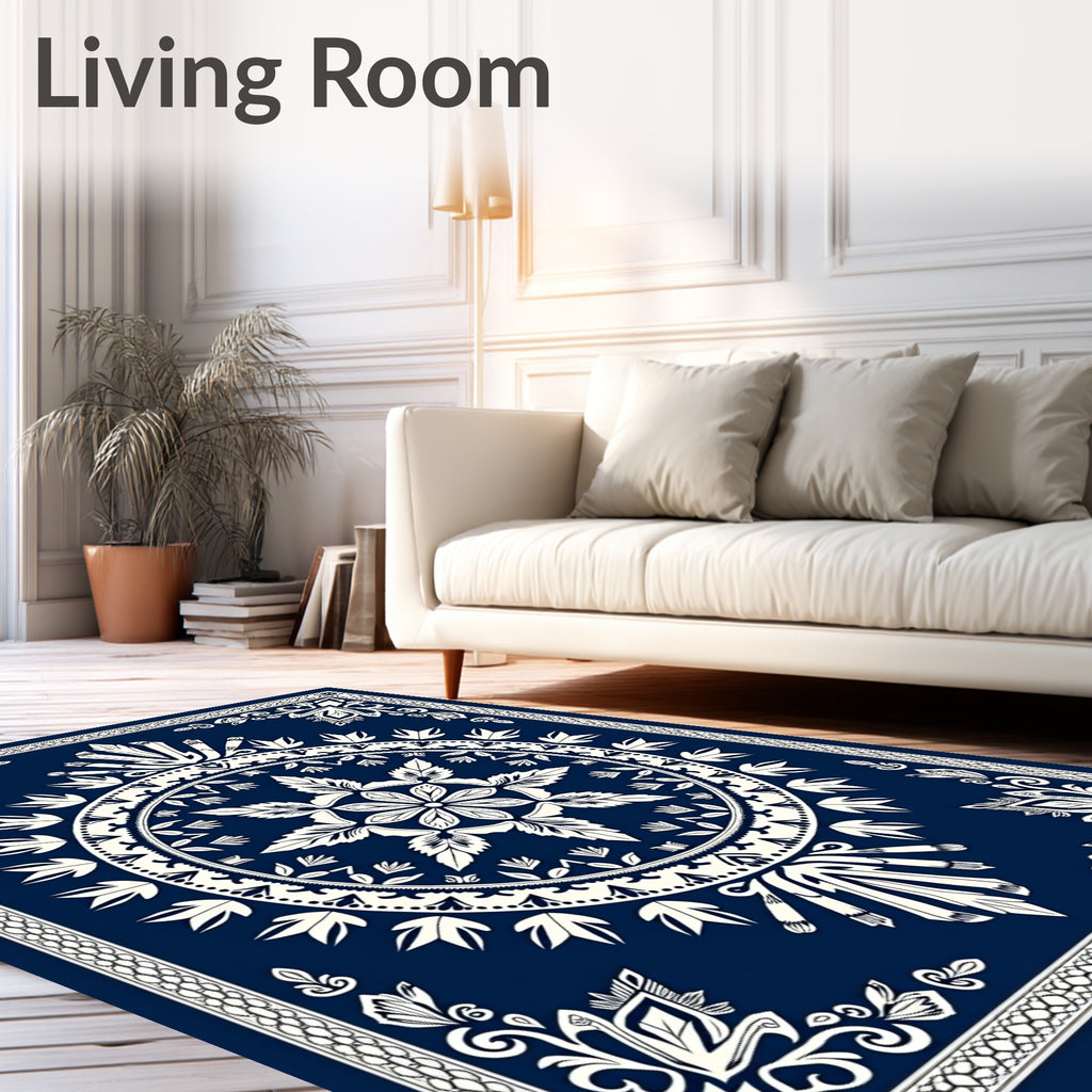 Dark Blue Floral Medallion Mandala Rug