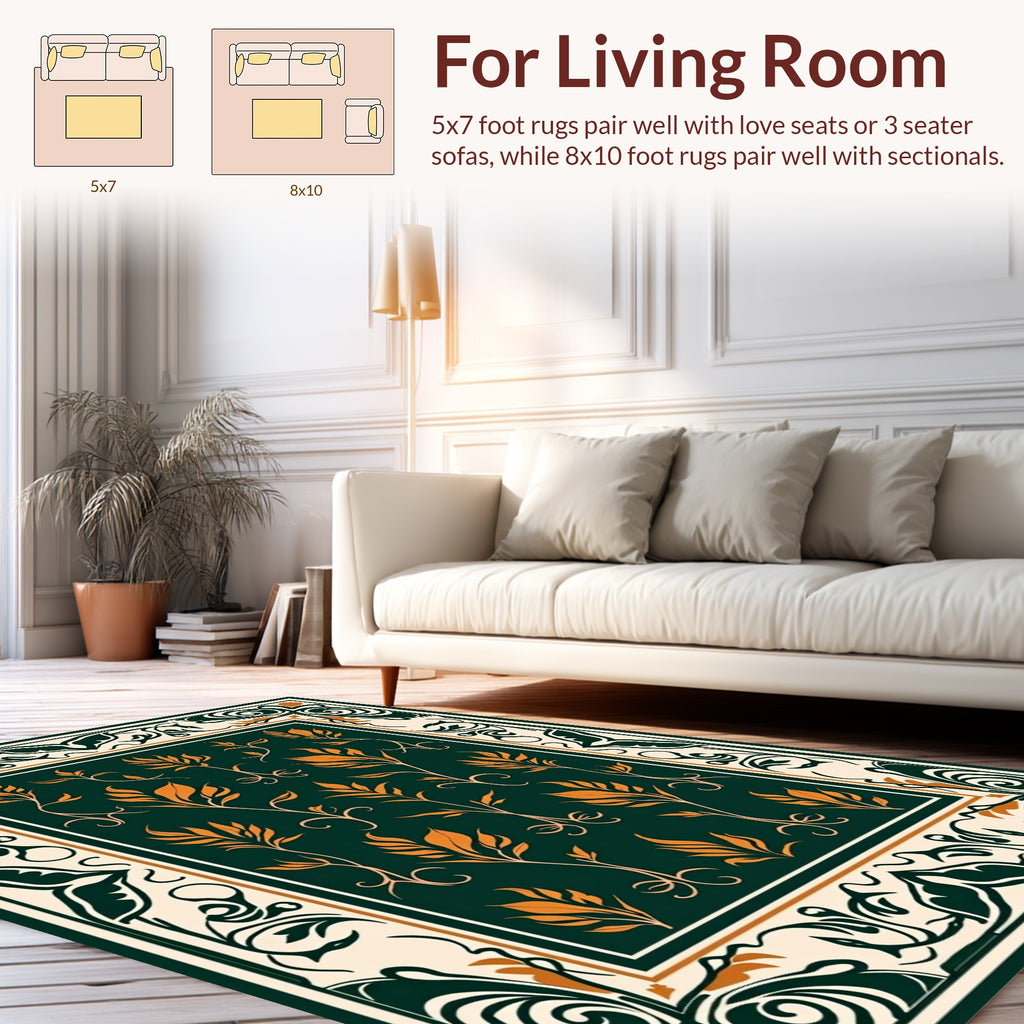 Green Orange Floral Garden Pattern Rug