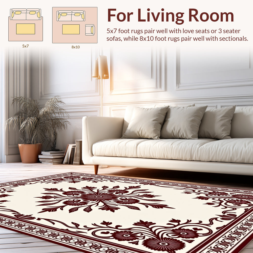 Deep Red Floral Tassel Border Rug