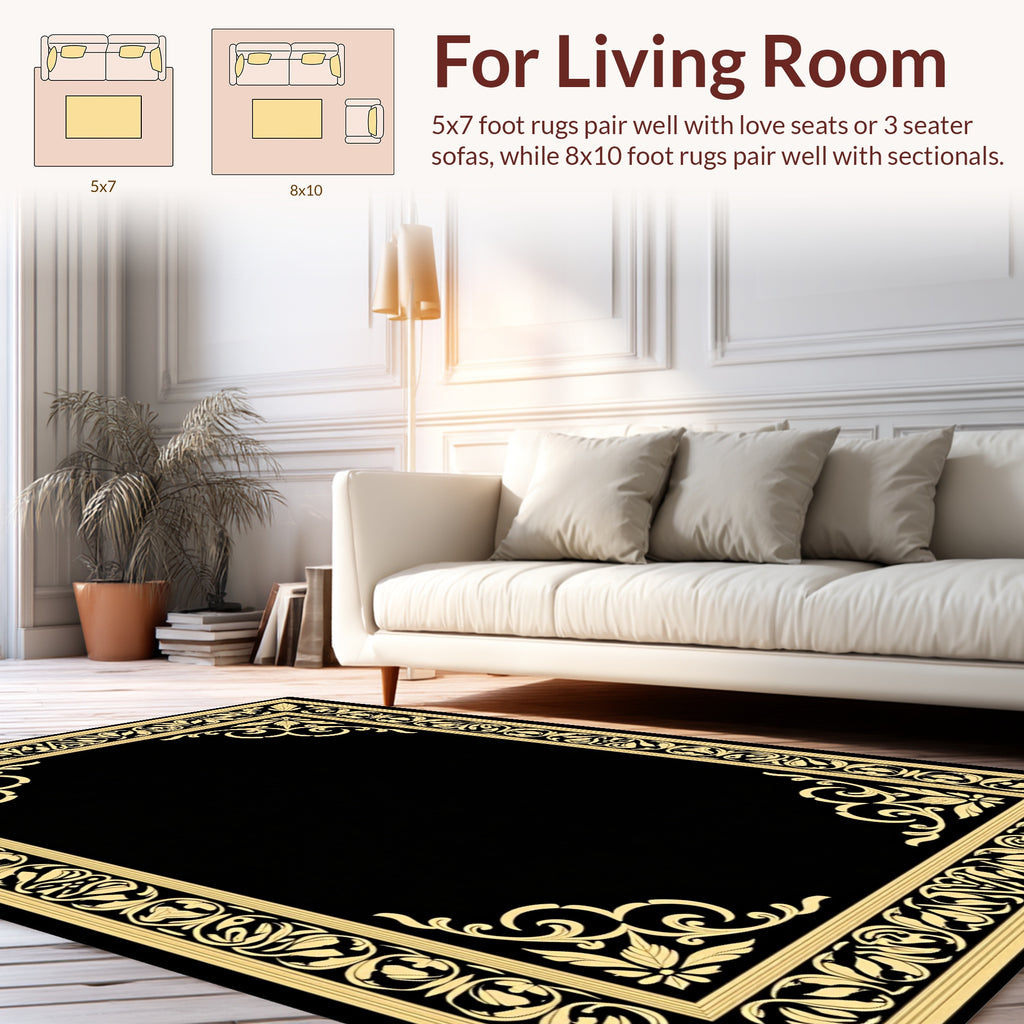 Black Gold Floral Ornate Border Rug