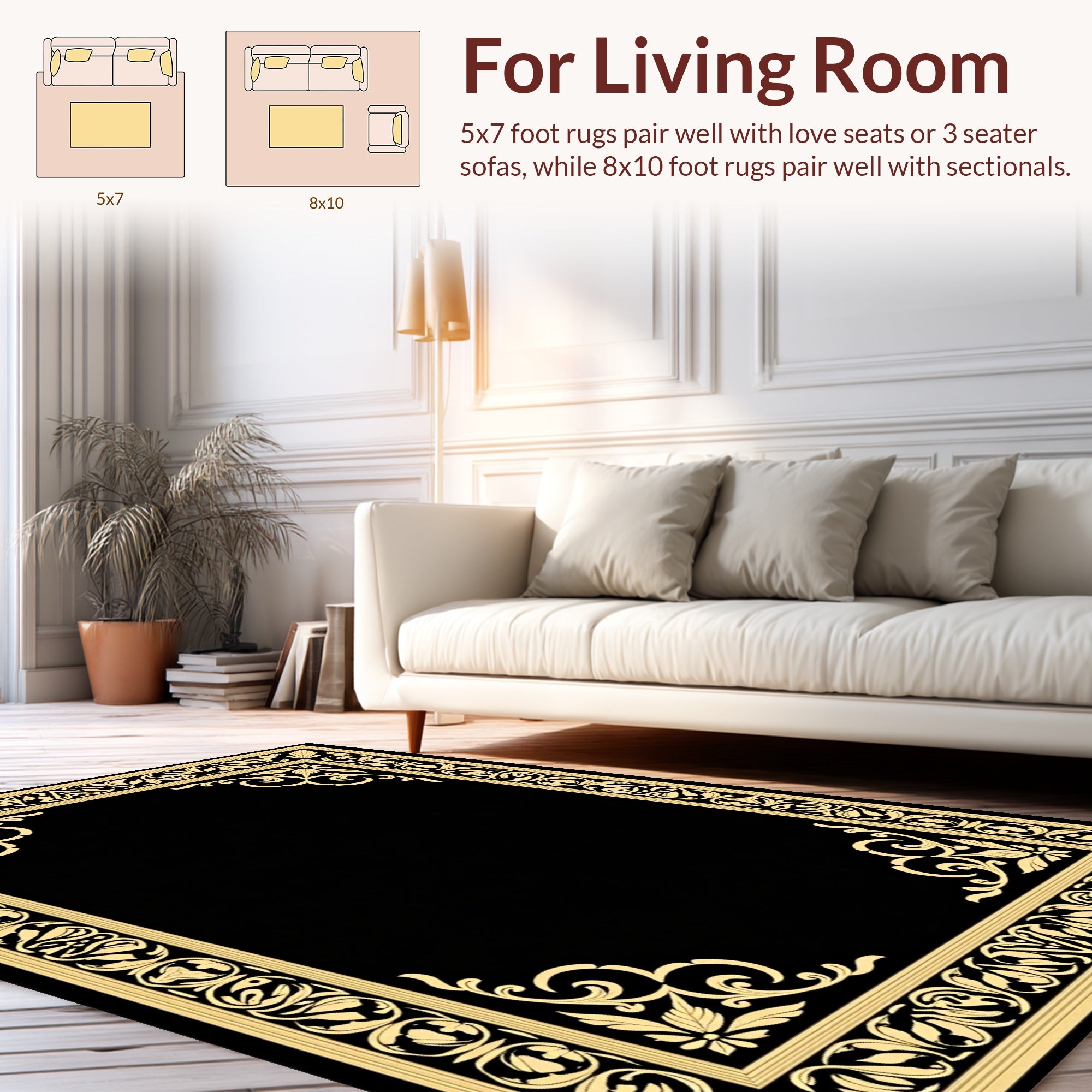 Black Gold Floral Ornate Border Rug