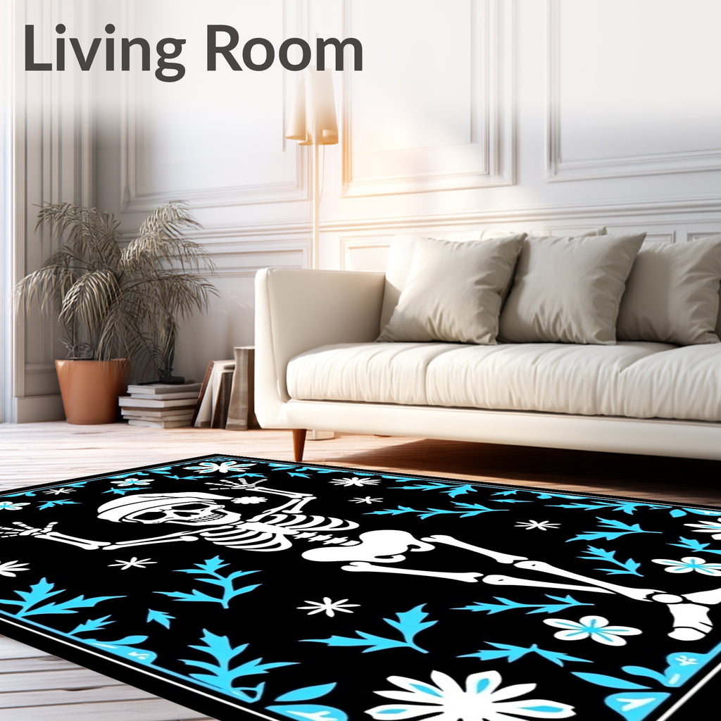 Black White Sky Blue Skeleton Floral Rug
