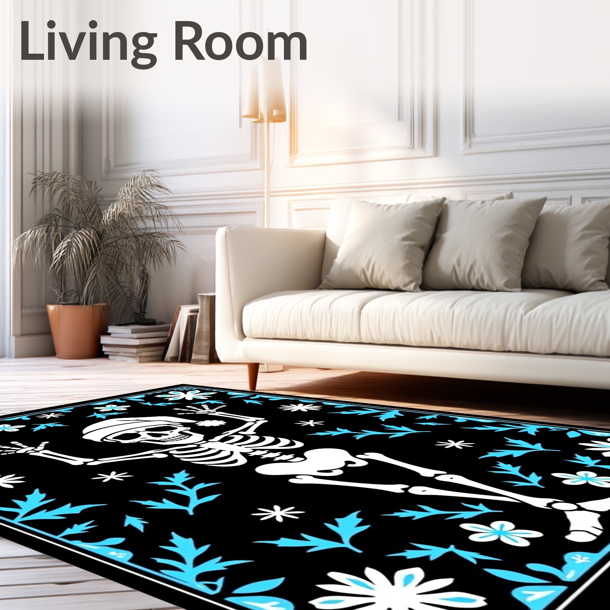 Black White Sky Blue Skeleton Floral Rug