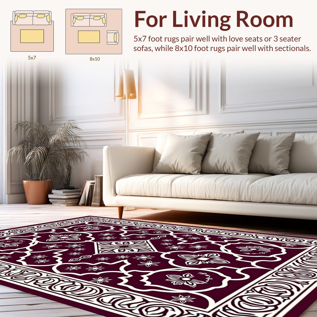 Deep Burgundy Cream Floral Medallion Pattern Rug