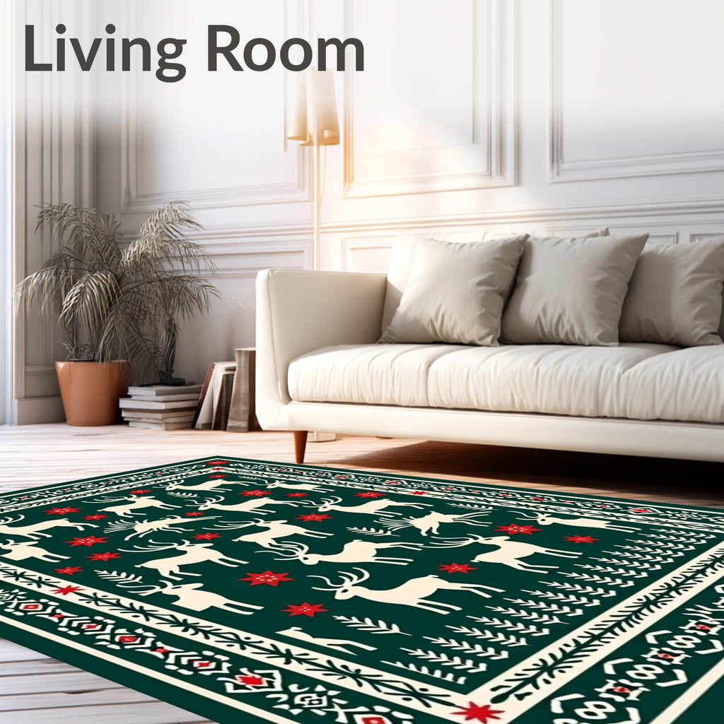 Green Red Cream Deer Folk Art Rug