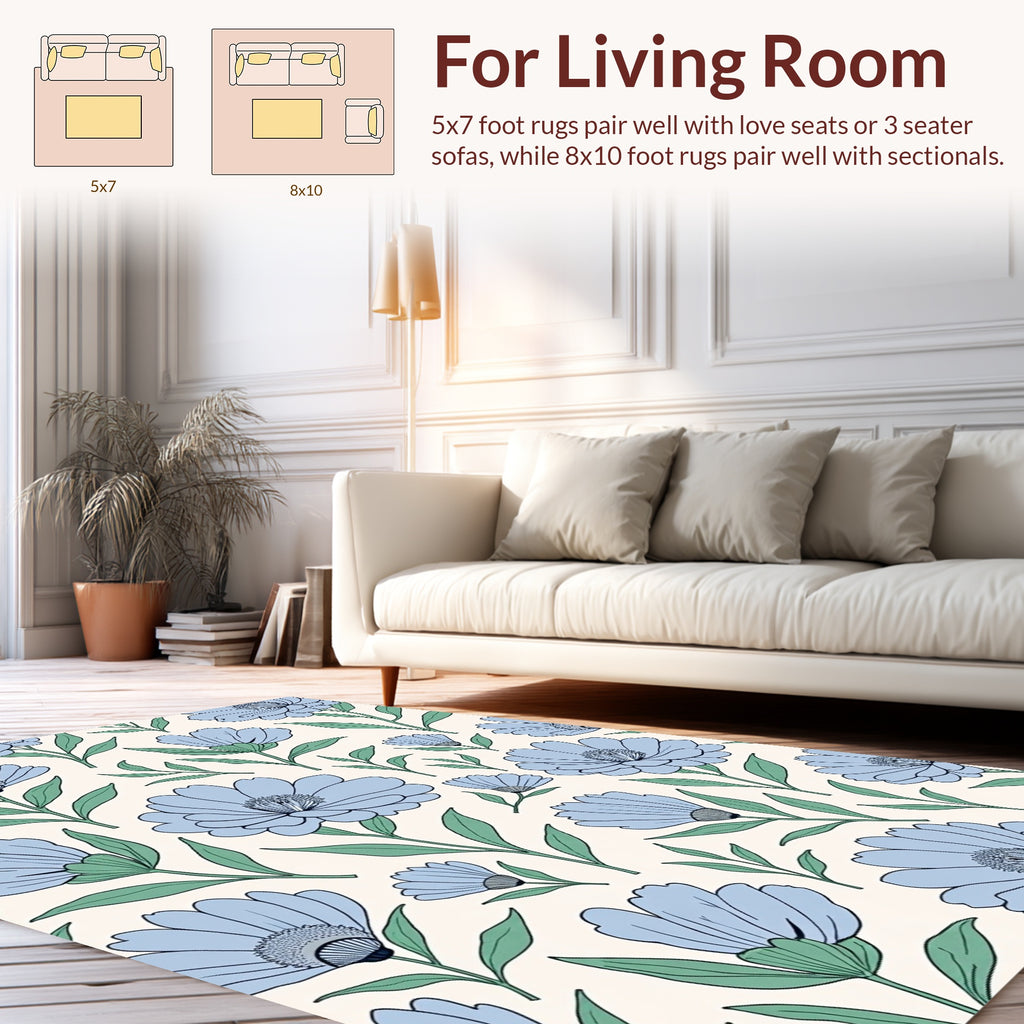 Delicate Blue Floral Pattern Arrangement Rug
