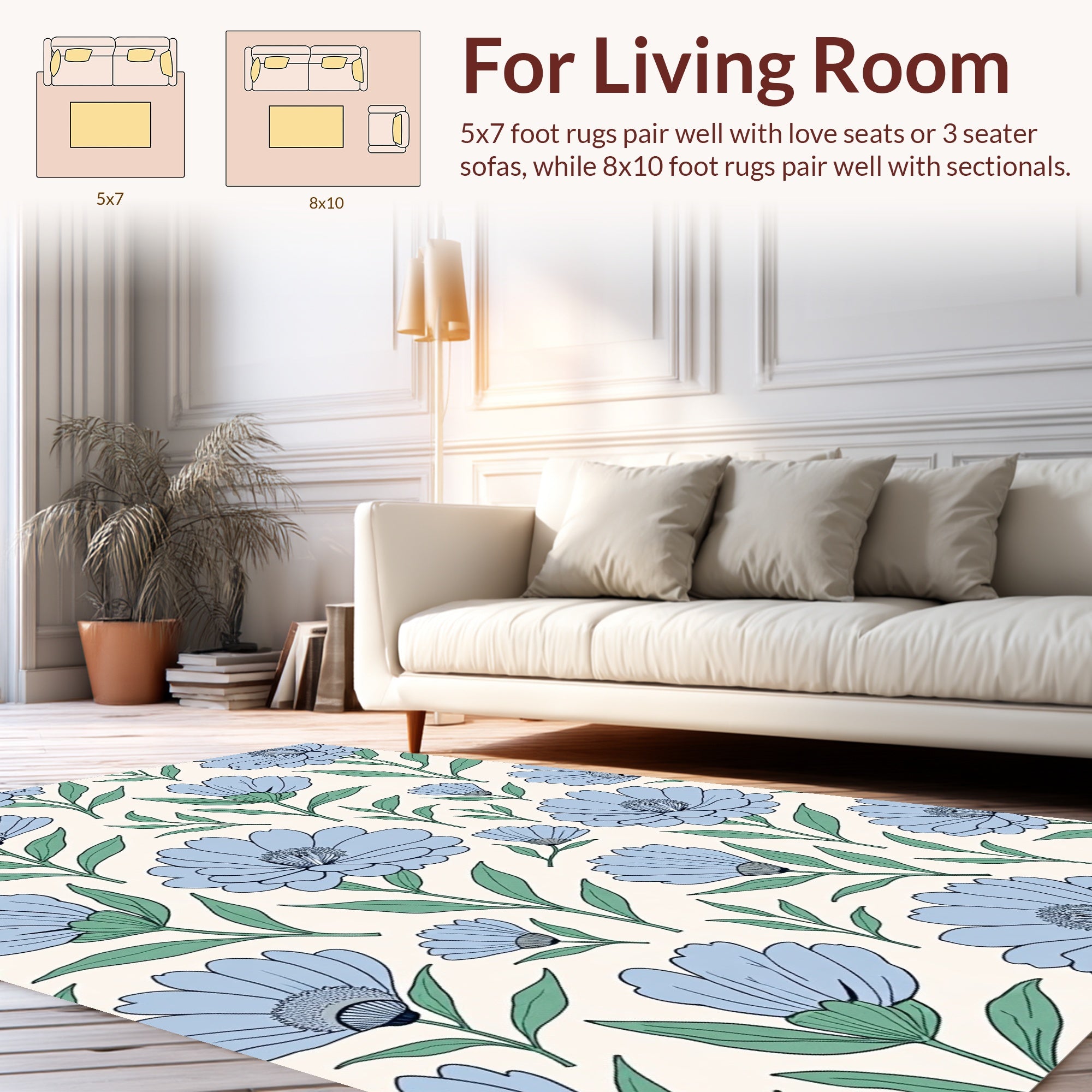 Delicate Blue Floral Pattern Arrangement Rug