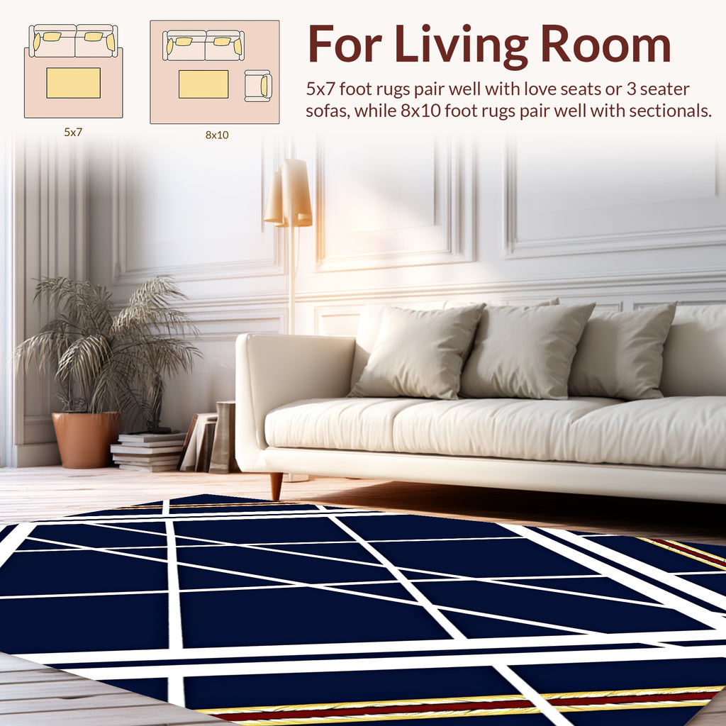 Bold Geometric White Navy Lines Rug