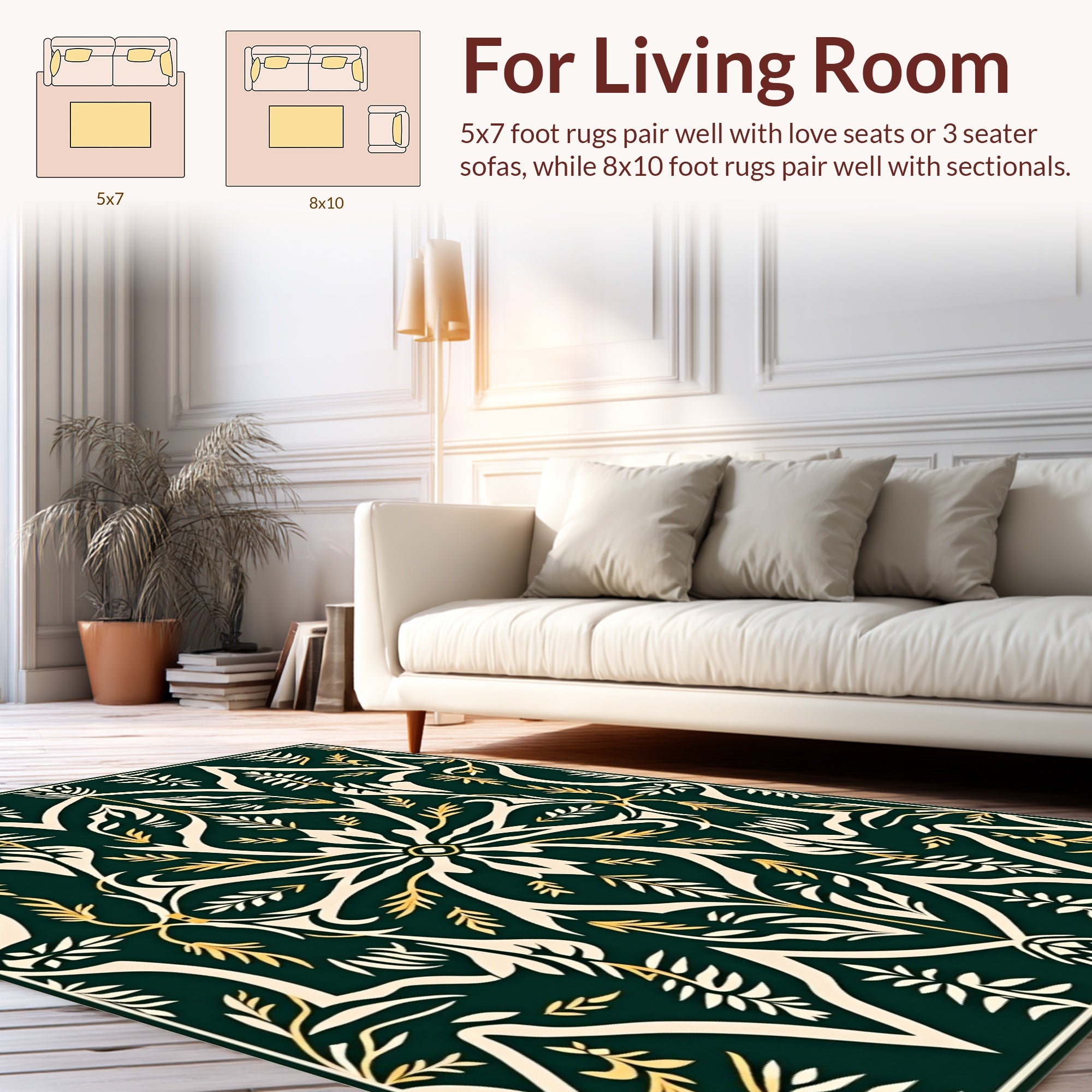 Dark Green Cream Gold Floral Pattern Rug