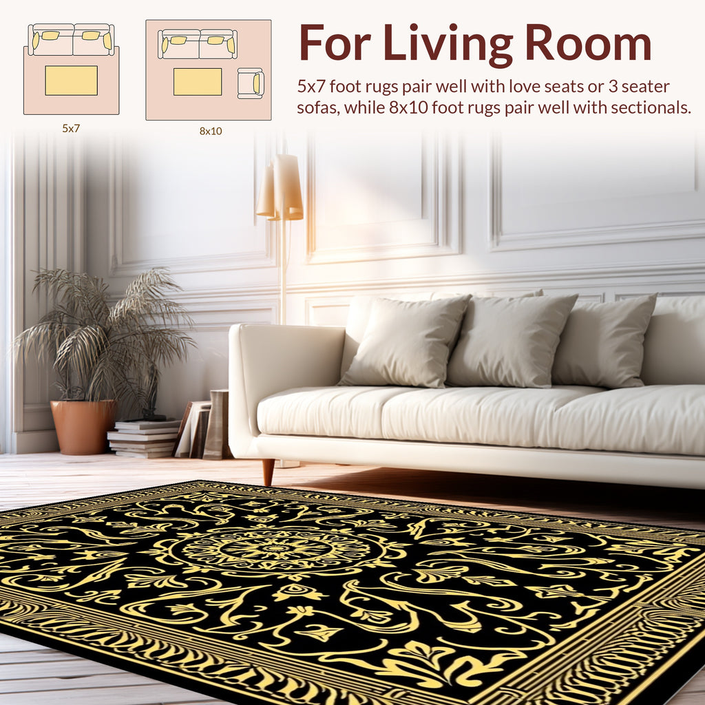 Black Gold Ornate Floral Rug