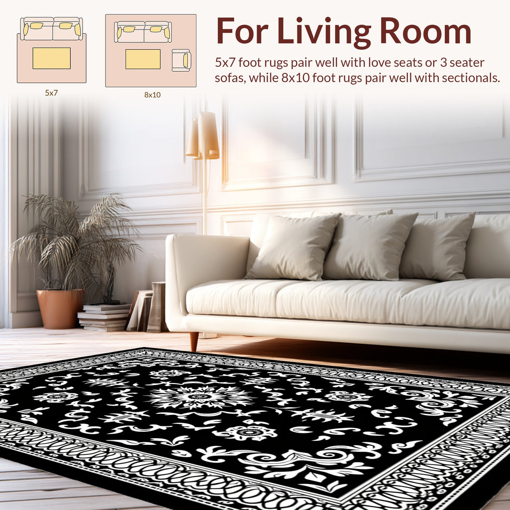 Black White Ornamental Floral Pattern Rug