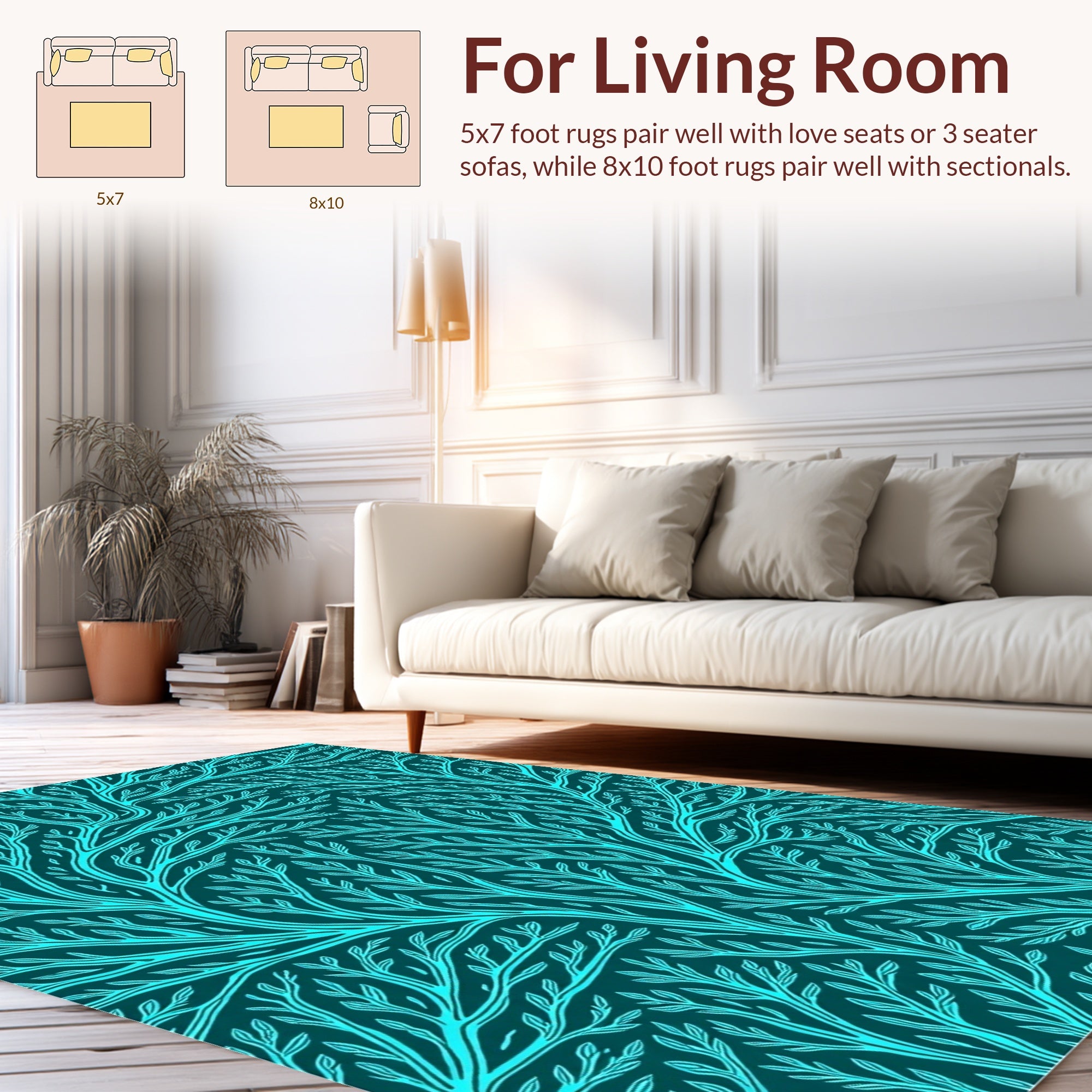 Teal Branch Pattern Design Rug