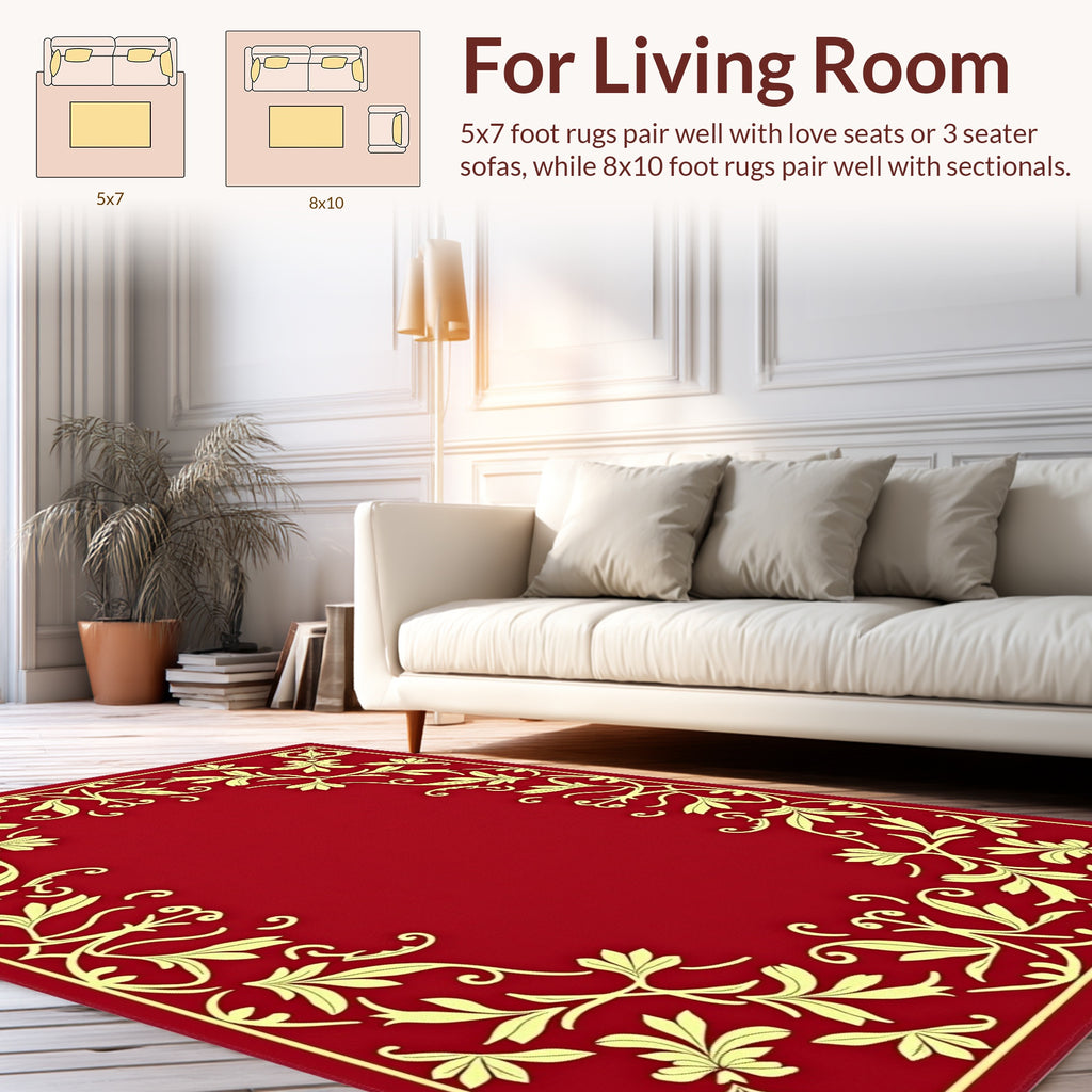 Crimson Floral Scroll Border Design Rug