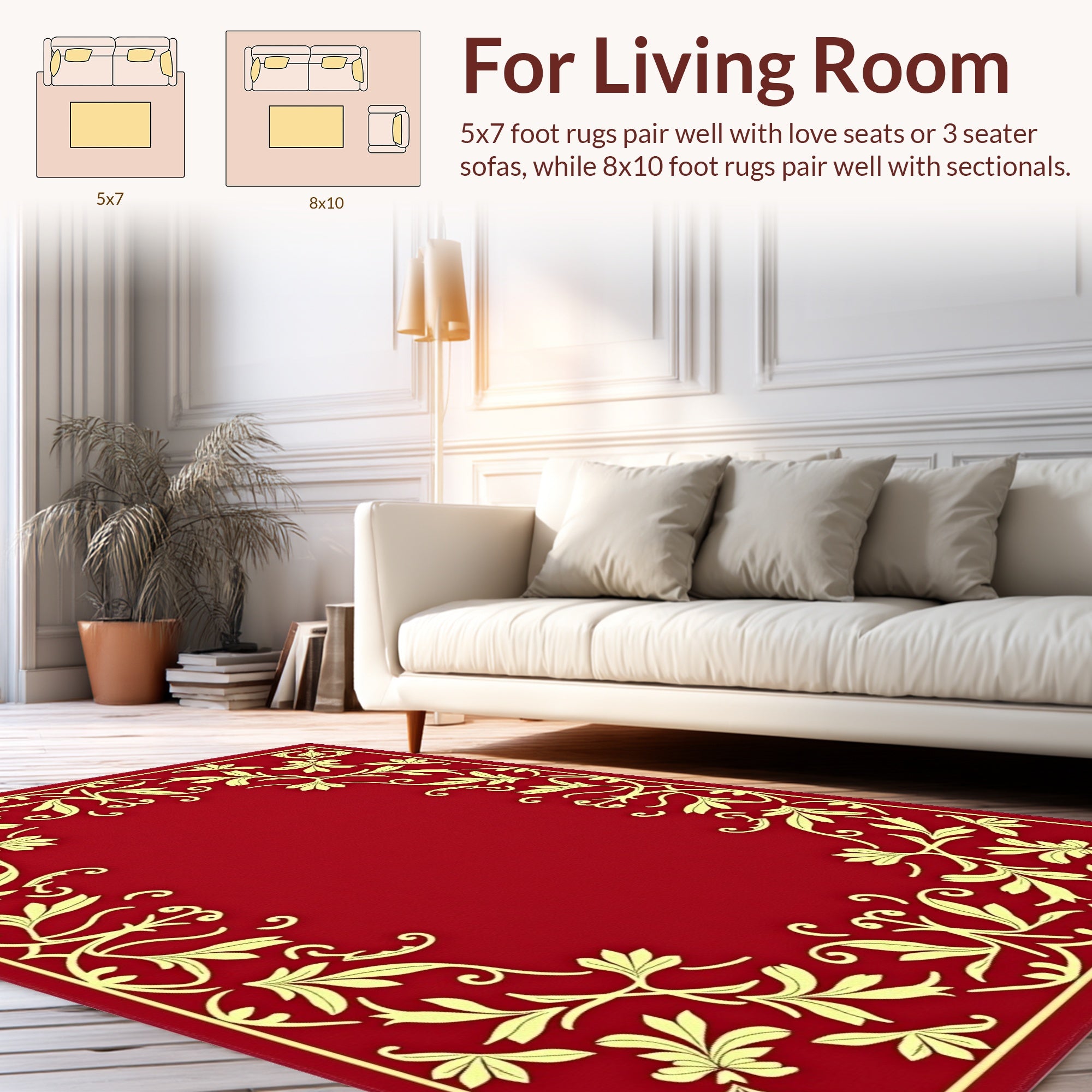 Crimson Floral Scroll Border Design Rug
