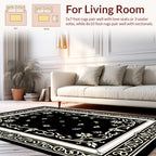 Black Cream Floral Vine Motif Rug