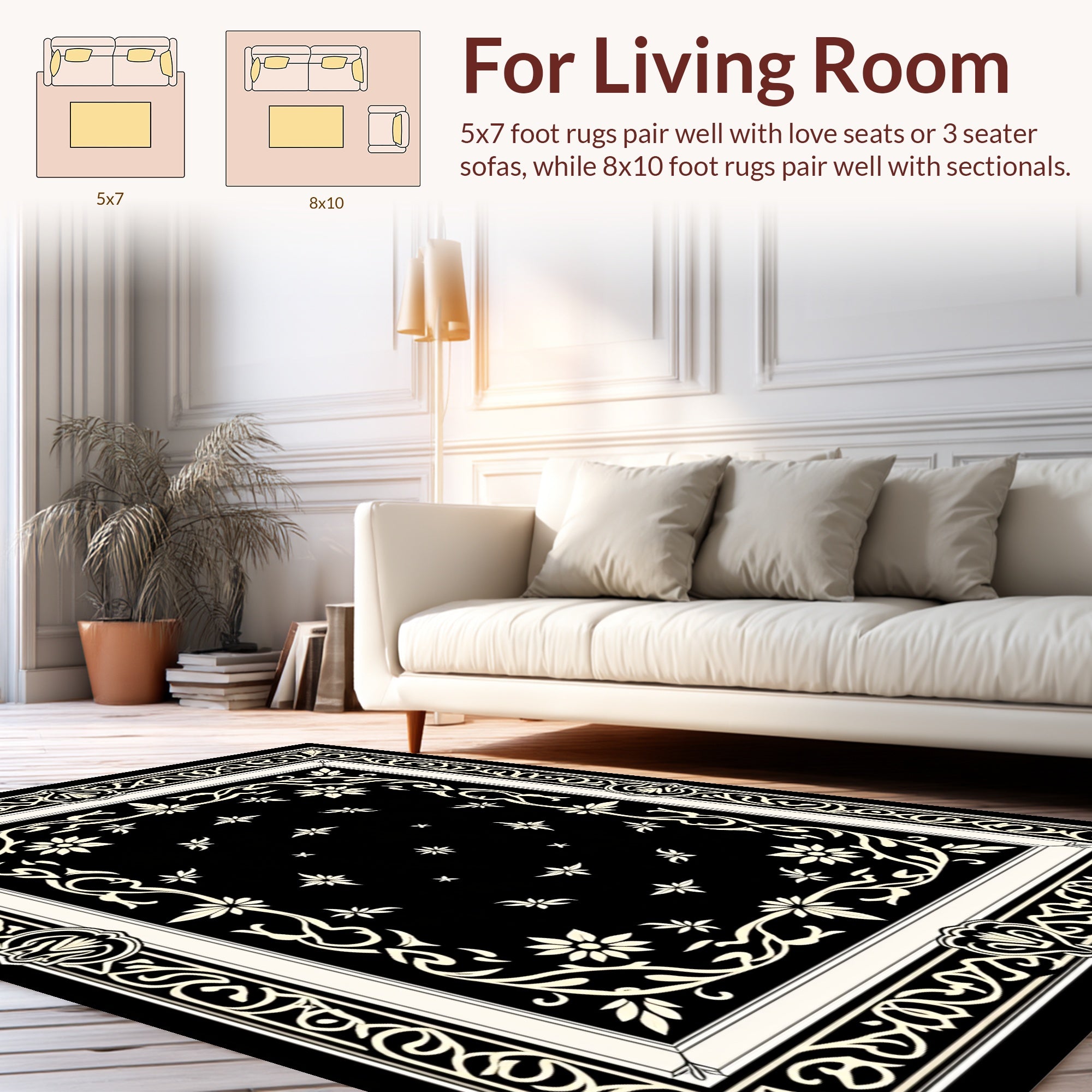 Black Cream Floral Vine Motif Rug