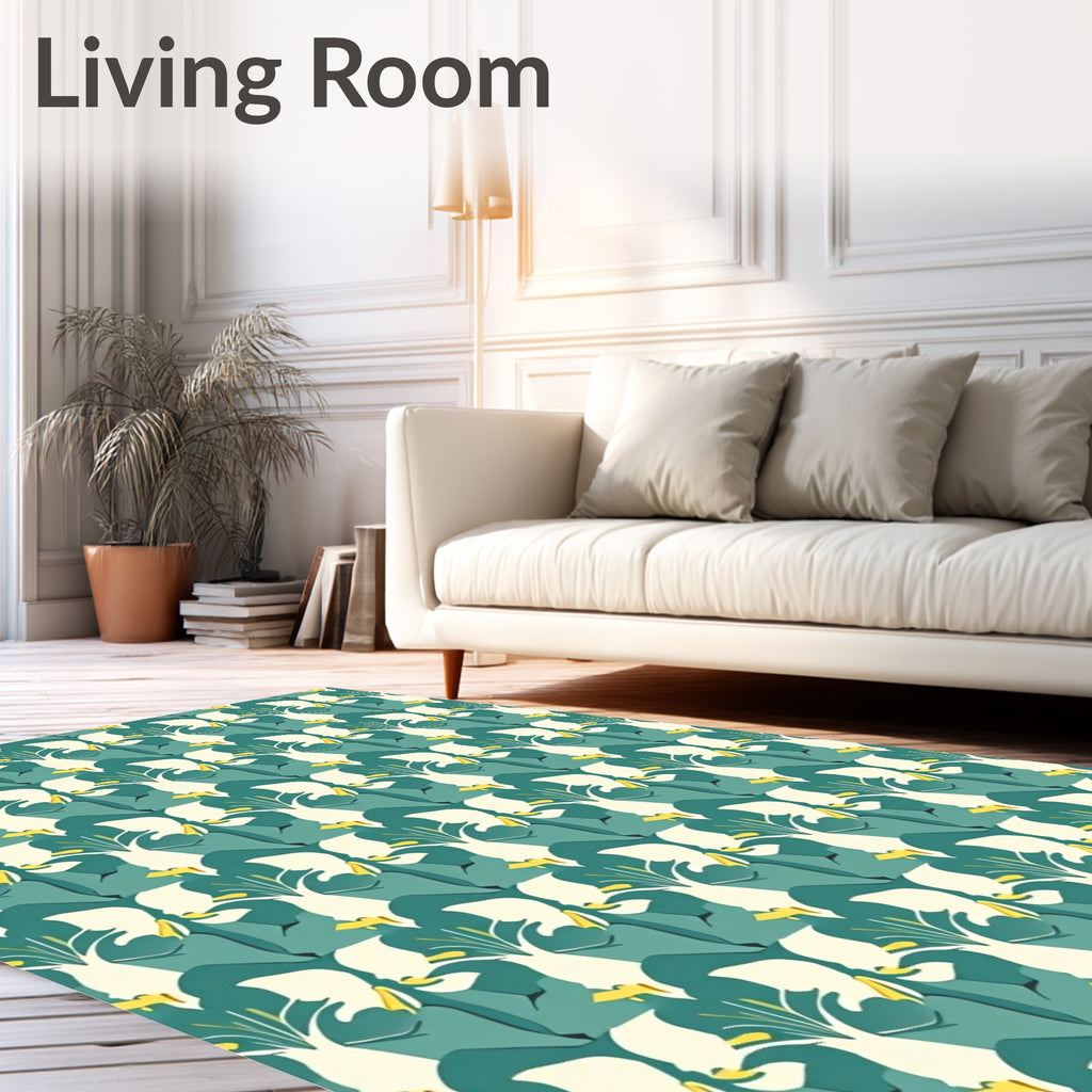 Teal White Abstract Floral Composition Rug