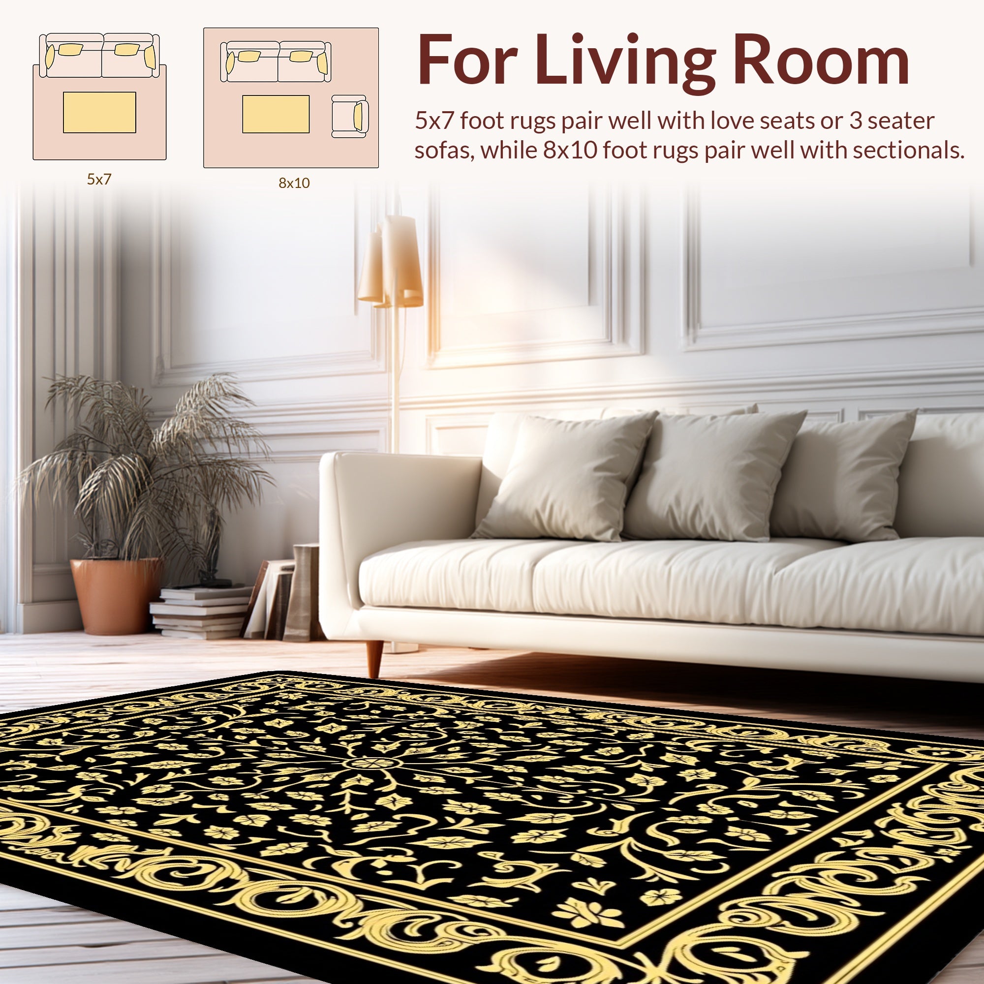 Black Gold Ornate Floral Scroll Rug
