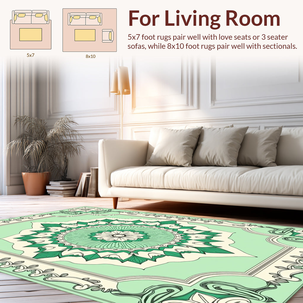 Green Floral Medallion Border Design Rug