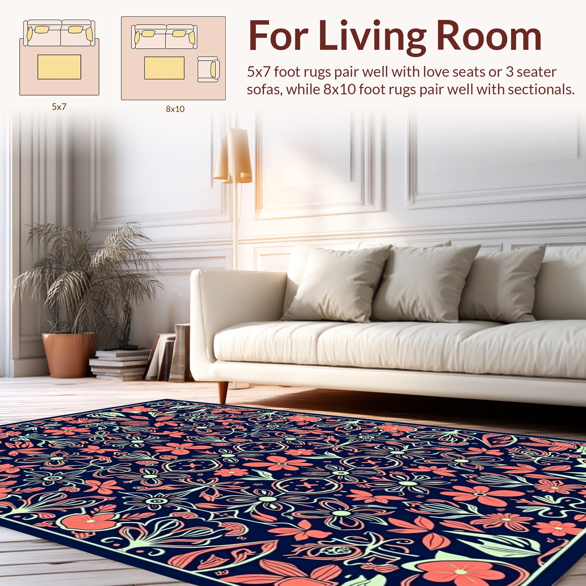Floral Symmetry Navy Coral Pattern Rug
