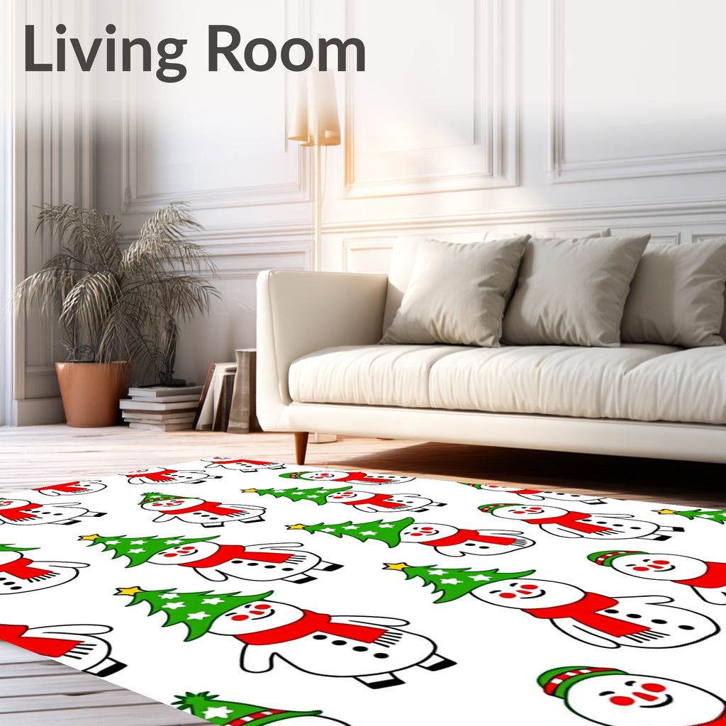 Joyful Snowmen Red Scarf Christmas Trees Rug